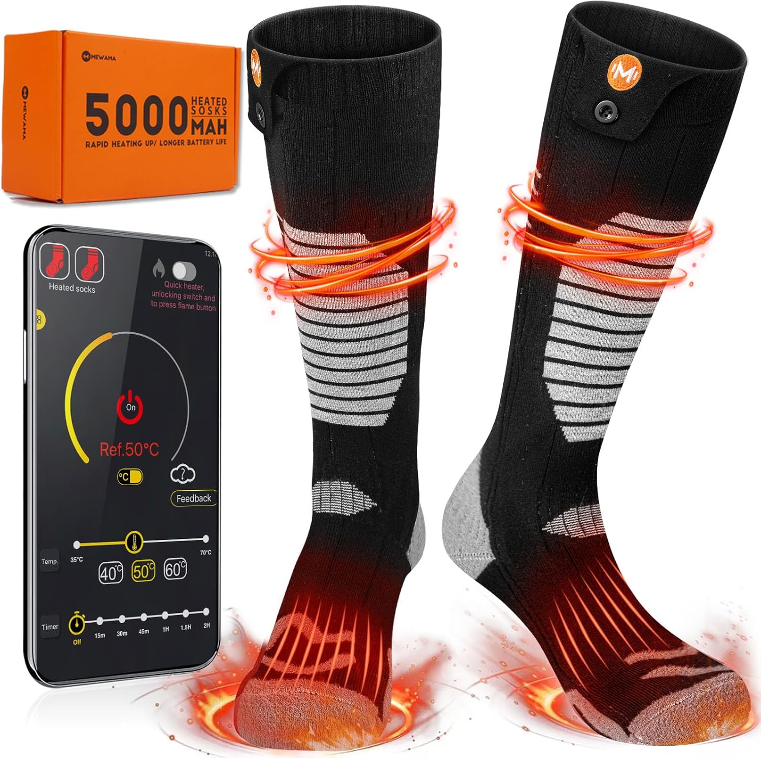 Calcetines eléctricos recargables controlados por aplicación MewaMaA para hombres y mujeres, calentadores de pies para senderismo, ciclismo,