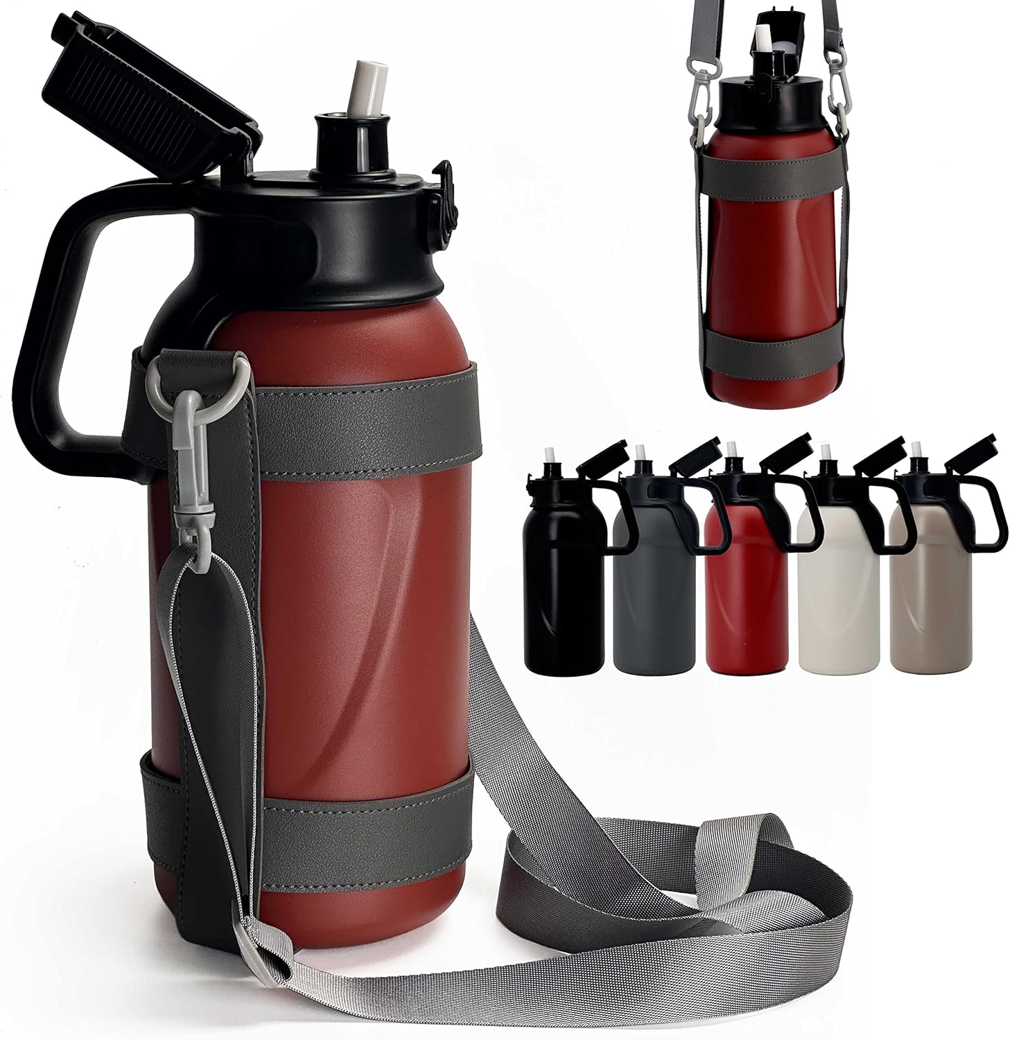 Botellas de agua para deportes al aire libre con doble pared de acero inoxidable de 46 onzas, 1.3 L, con aislamiento de boca ancha, popote y funda