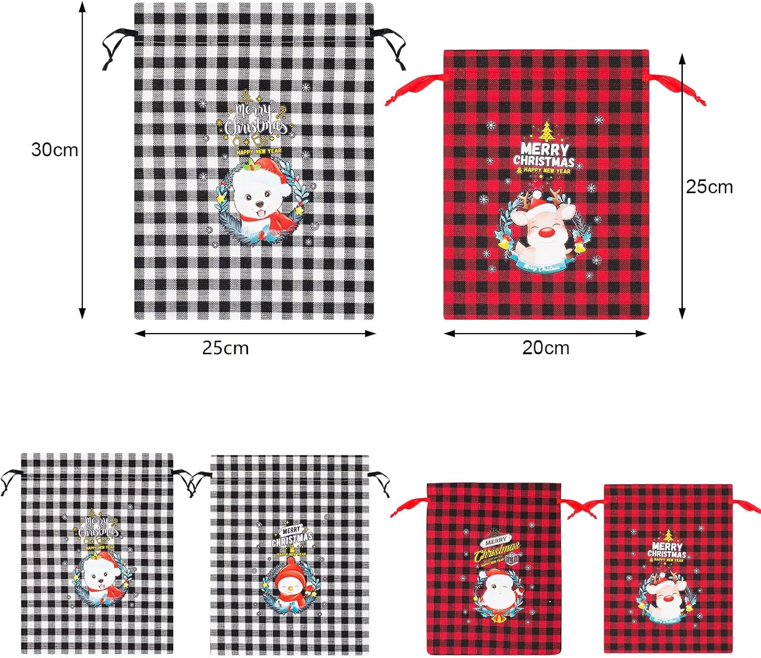 Paquete de 8 bolsas de regalo de varios tamaños, a cuadros de búfalo y patrones de Navidad, bolsas de regalo con cordones de Navidad, bolsas de
