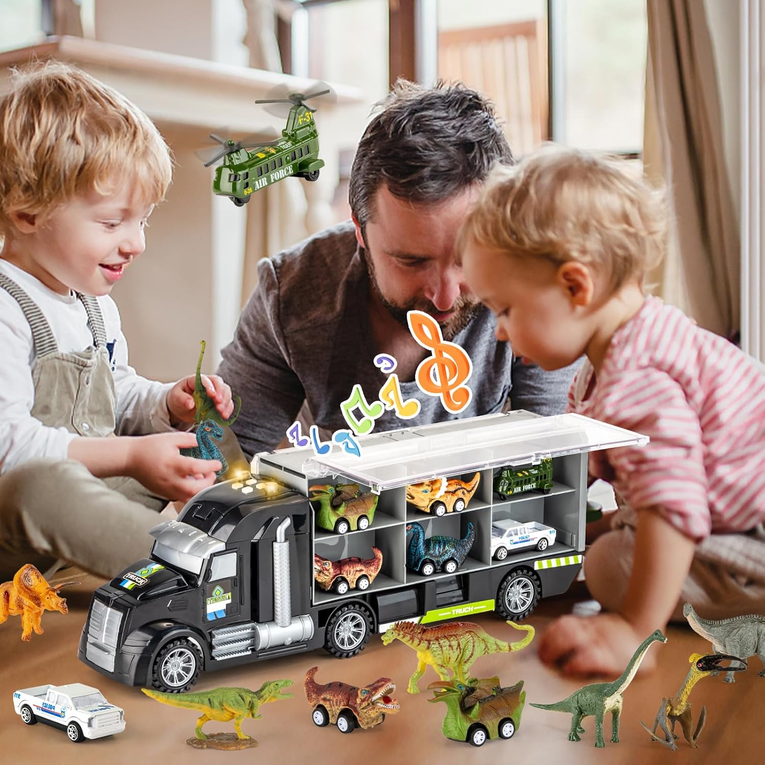 BOKABOKA Camión de dinosaurio 19 en 1 para niños, 12 mini dinosaurios, 4 autos de tracción de dinosaurio, 2 vehículos transportadores de transporte
