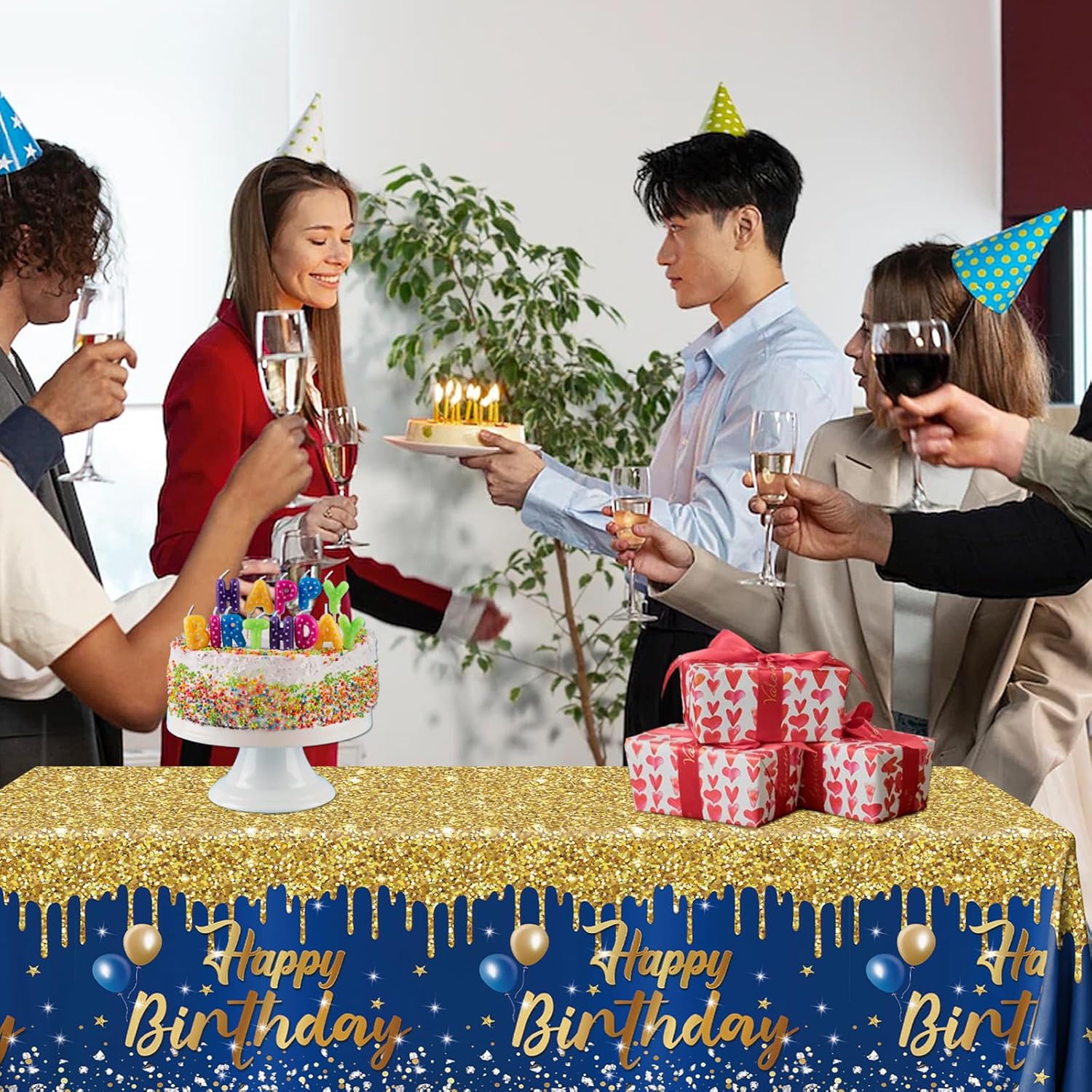 Mantel de feliz cumpleaños, 3 manteles azul marino y dorado para fiestas, decoración de cumpleaños con purpurina para mujeres y hombres, suministros