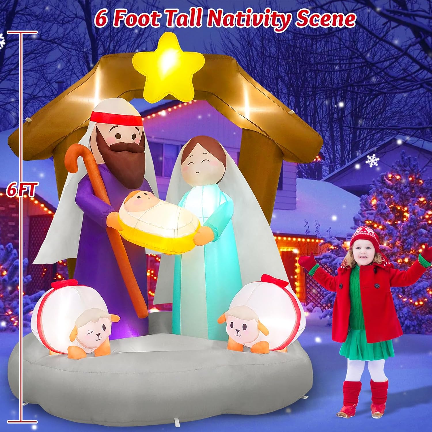 Decoraciones inflables de Navidad de 6 pies para decoración al aire libre, luces LED integradas, escena del nacimiento de Jesús, decoración de patio