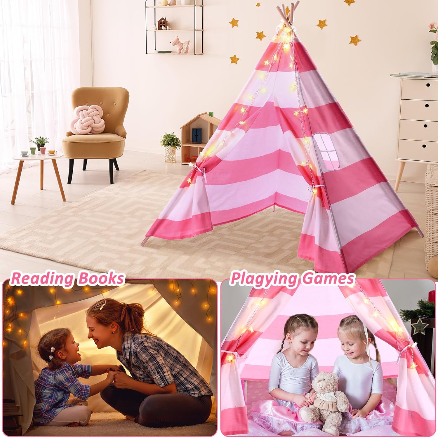 Juego de 4 tiendas de campaña para niños con cadena de luz de estrella de 20 pies, tienda de campaña plegable de tela de algodón para niños, regalo