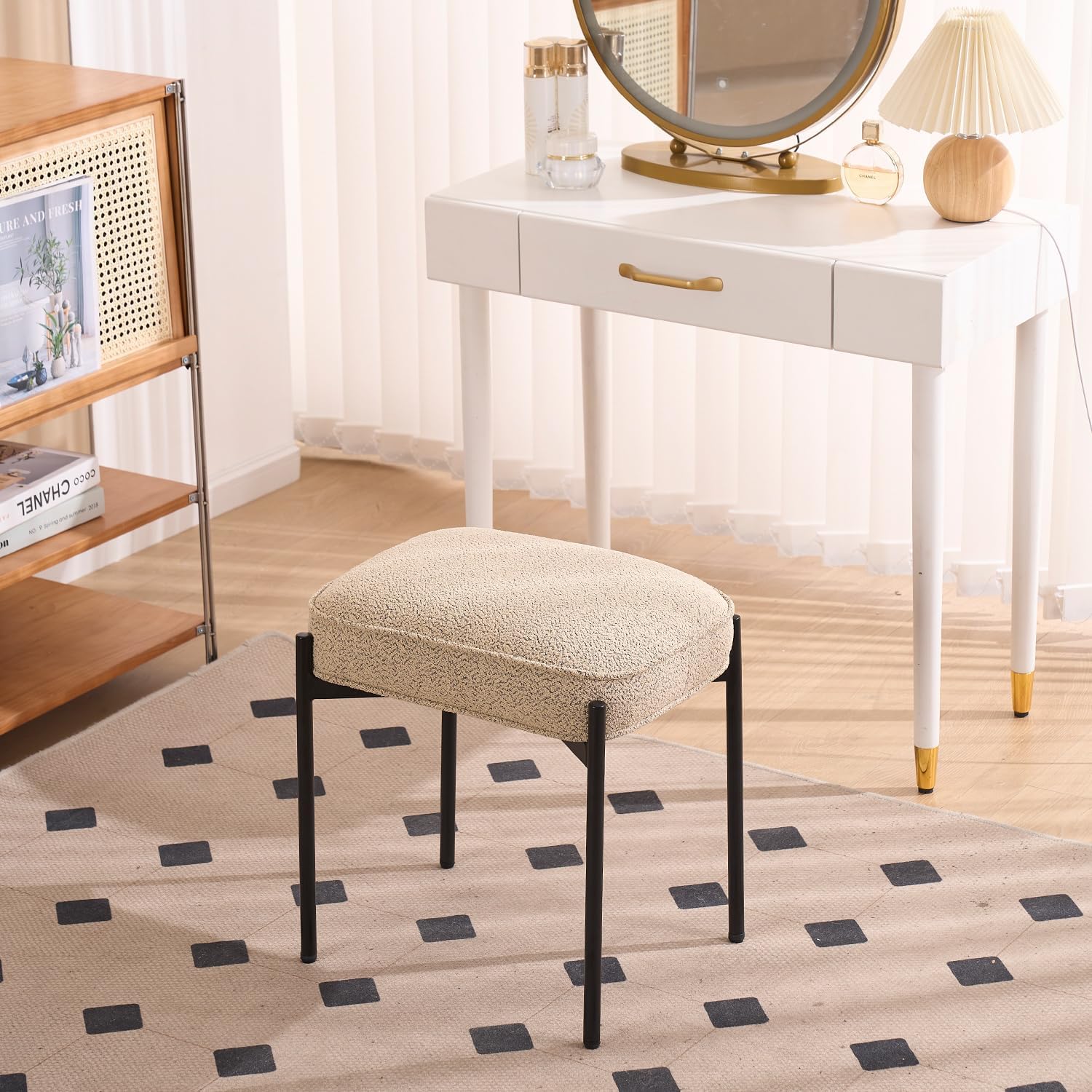 YOUNIKE Fabric Boucle – Taburete otomano rectangular copetudo con forro polar tapizado de cordero, taburete de maquillaje, taburete de tocador con