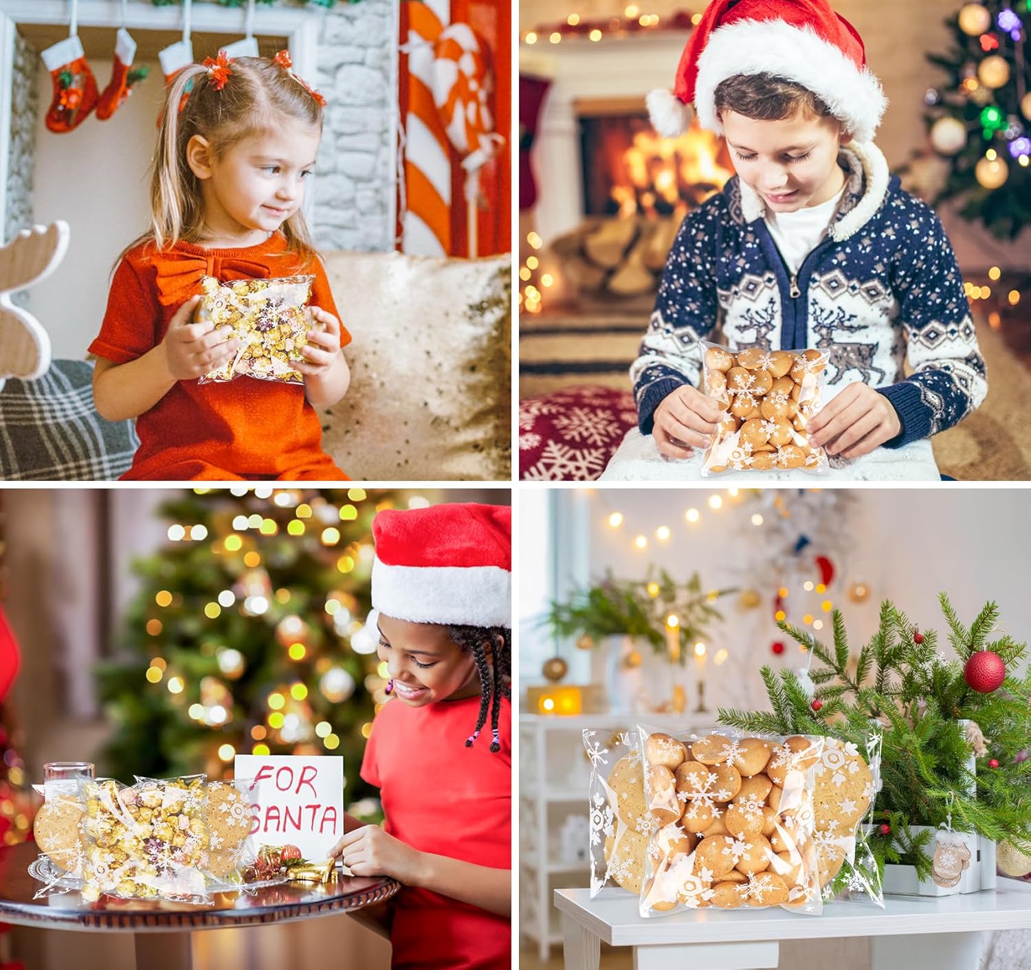 200 bolsas de golosinas de Navidad, bolsas de 5.5 x 5.5 pulgadas, bolsas de galletas de copo de nieve autosellantes, bolsas transparentes de