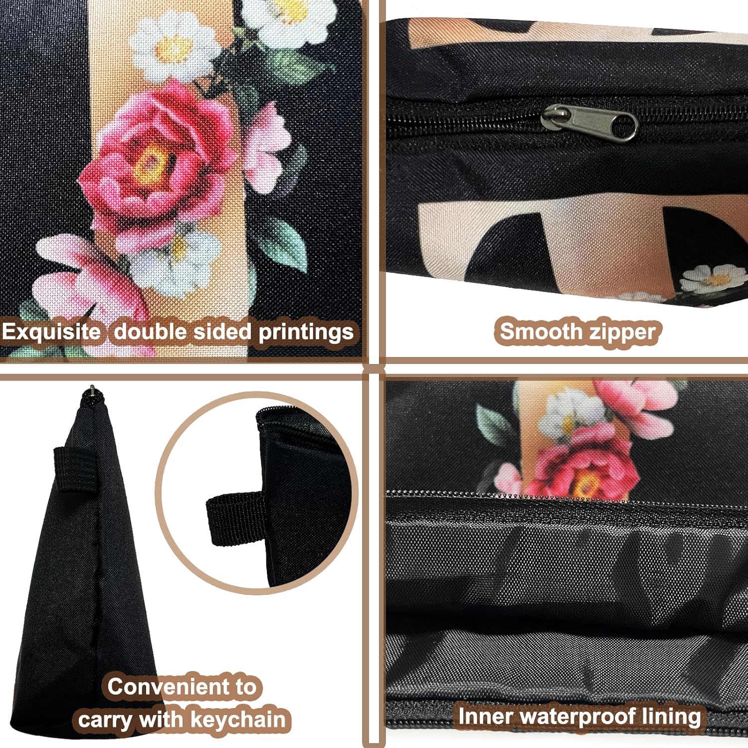 CTNUOBEE Bolsa de comestic con letras del alfabeto dorado con bolsa de maquillaje de flores, bolsa de viaje portátil con cremallera, bolsa de aseo