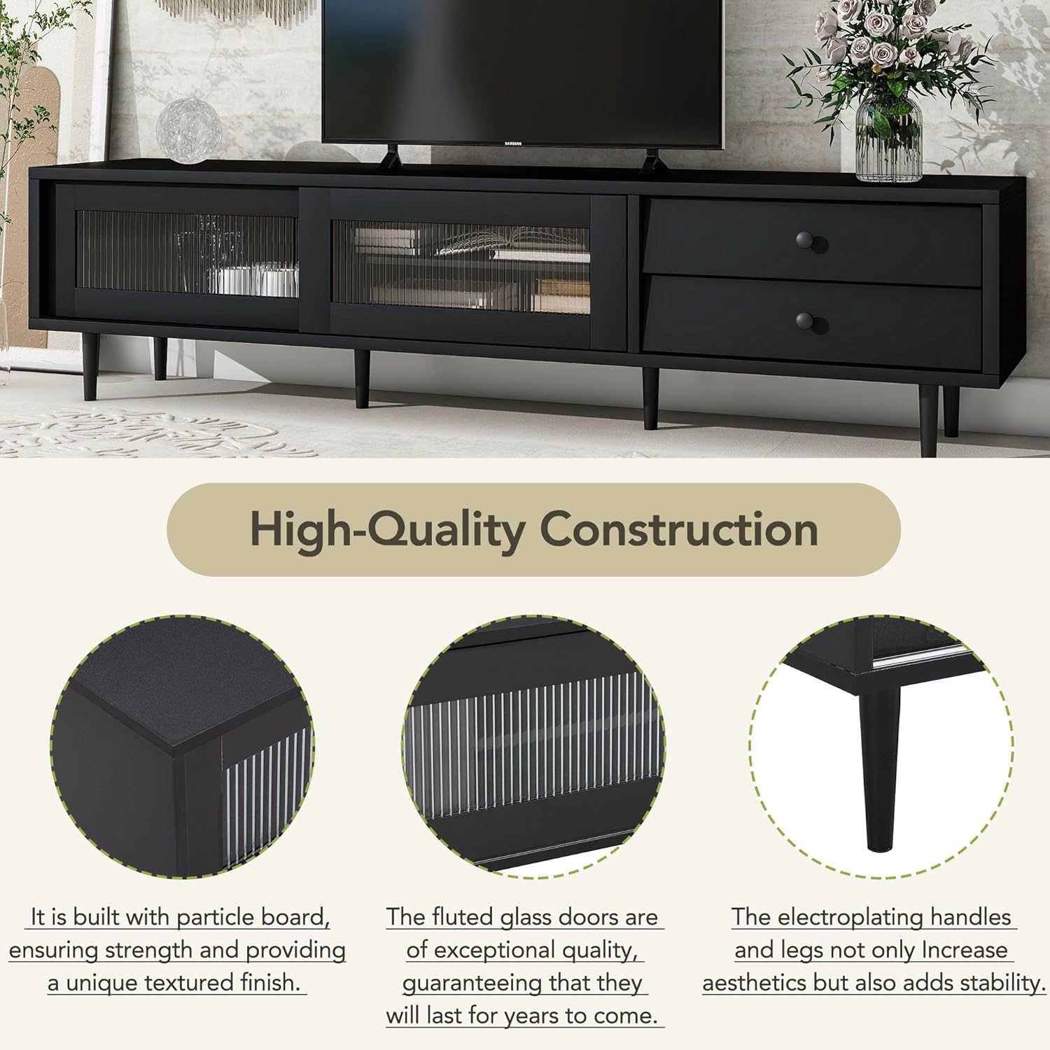 LUMISOL Moderno soporte de TV para TV de 75 pulgadas, consola de TV con puertas de vidrio estriado y cajones inclinados, gabinete multimedia