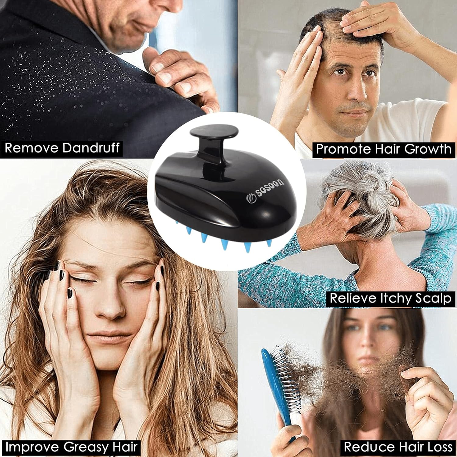 Sosoon Cepillo de champú masajeador de cuero cabelludo, exfoliante de silicona suave para hombres, mujeres, niños, crecimiento del cabello, alivio