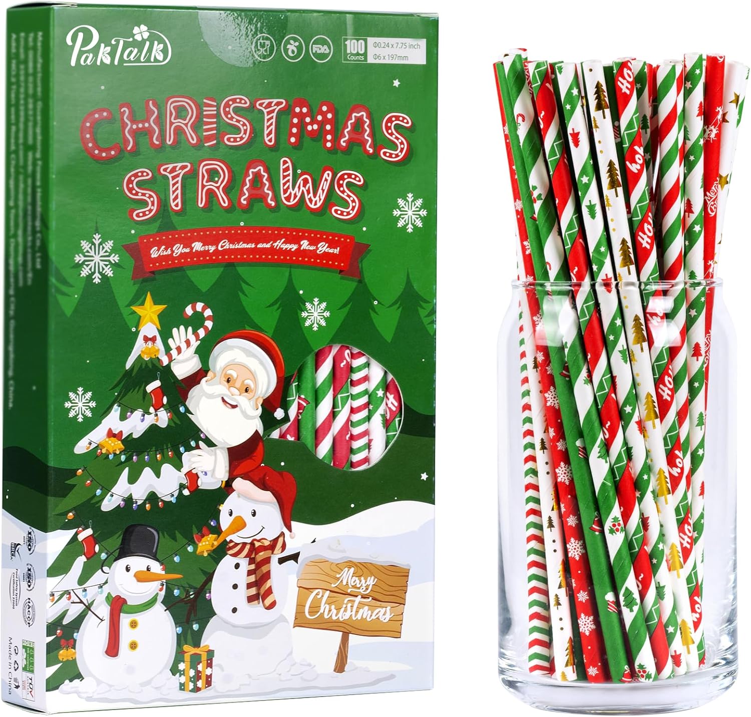 Paquete de 100 popotes de papel de Navidad, 7.75 x 0.24 pulgadas, 10 colores surtidos para árbol de Navidad, Año Nuevo, vacaciones, fiesta (0.24 x