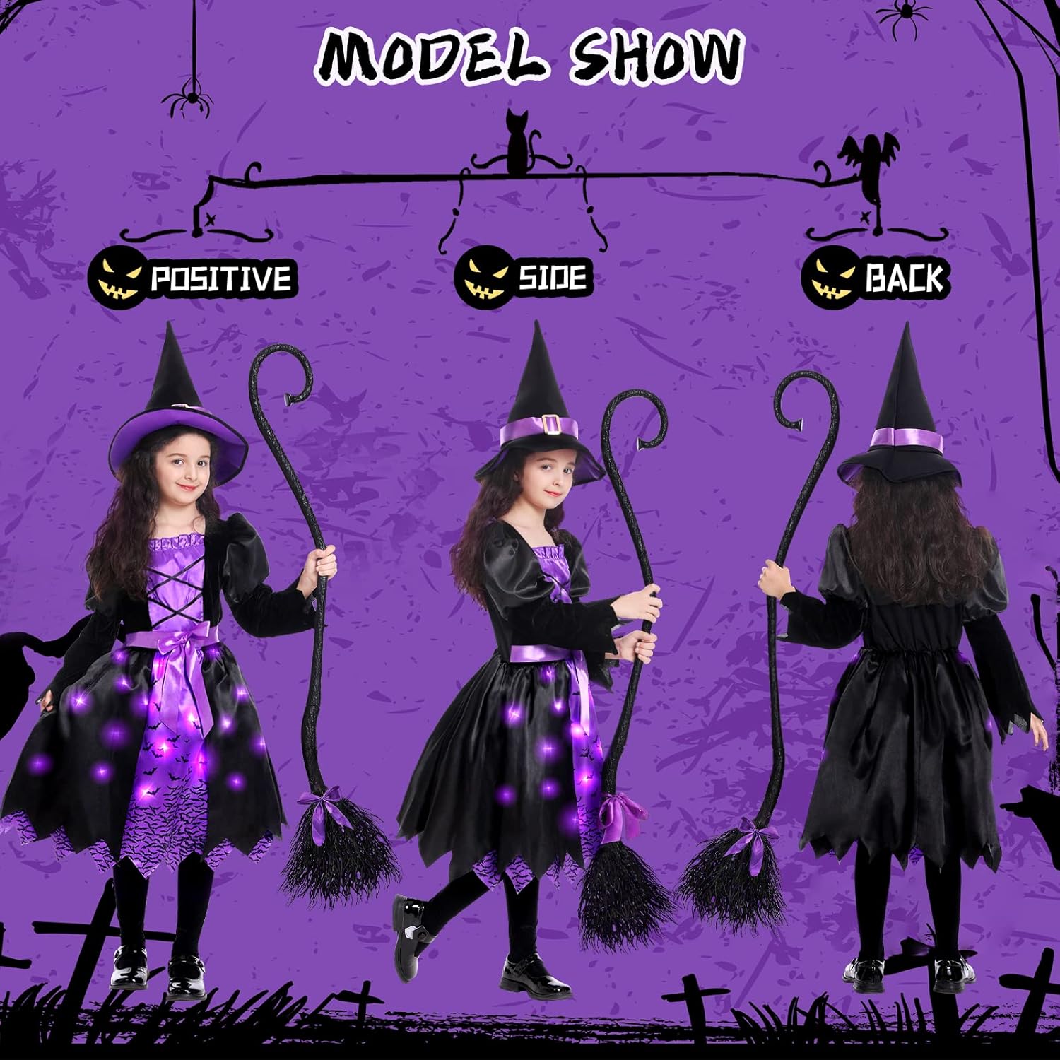 Disfraz de bruja de Halloween iluminado para niñas, conjunto de vestido de bruja con sombrero y escoba para fiestas de juegos de rol para niños