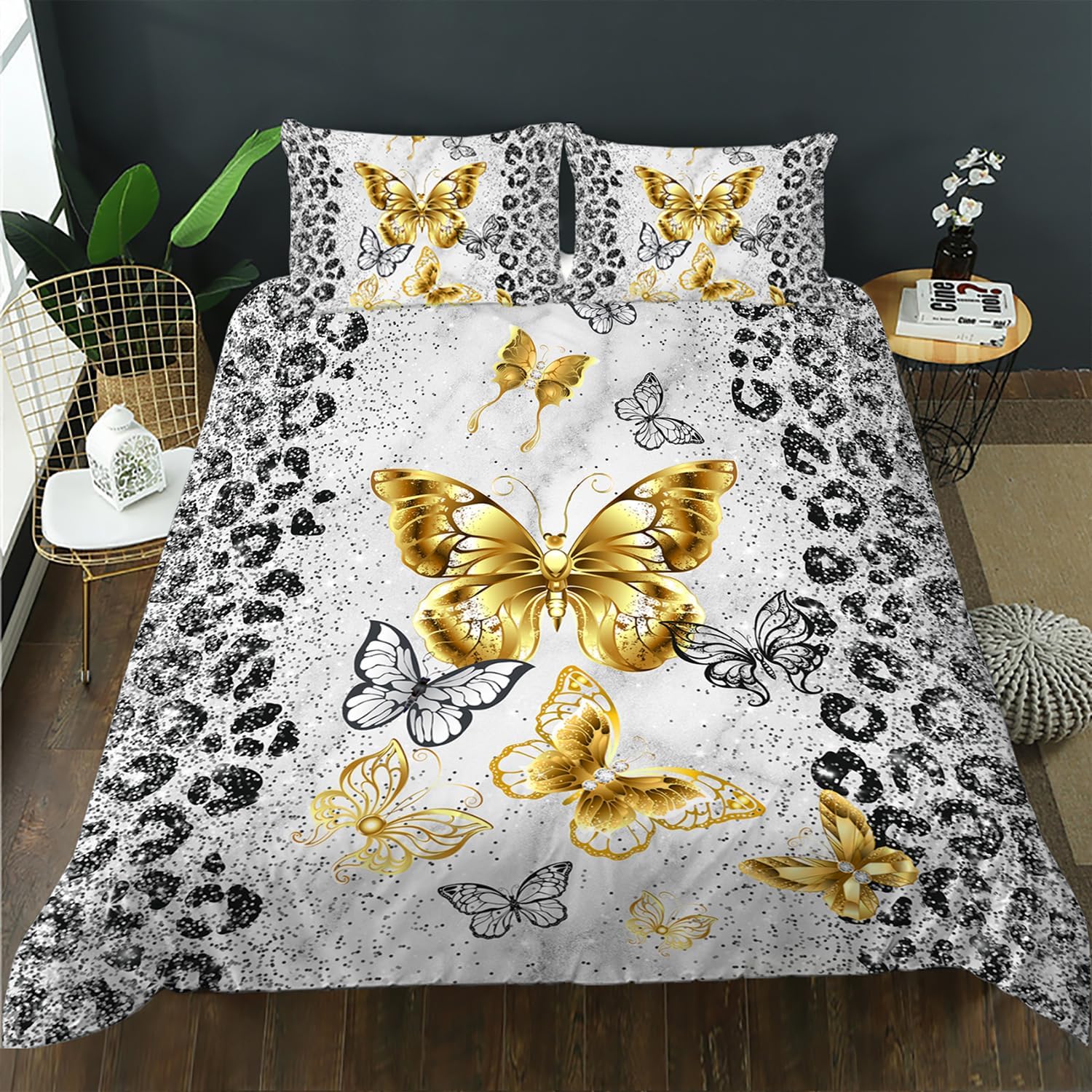 AILONEN Hermoso juego de funda de edredón de mariposa, tamaño Queen, juego de ropa de cama de mariposa dorada, juego de funda de edredón gris