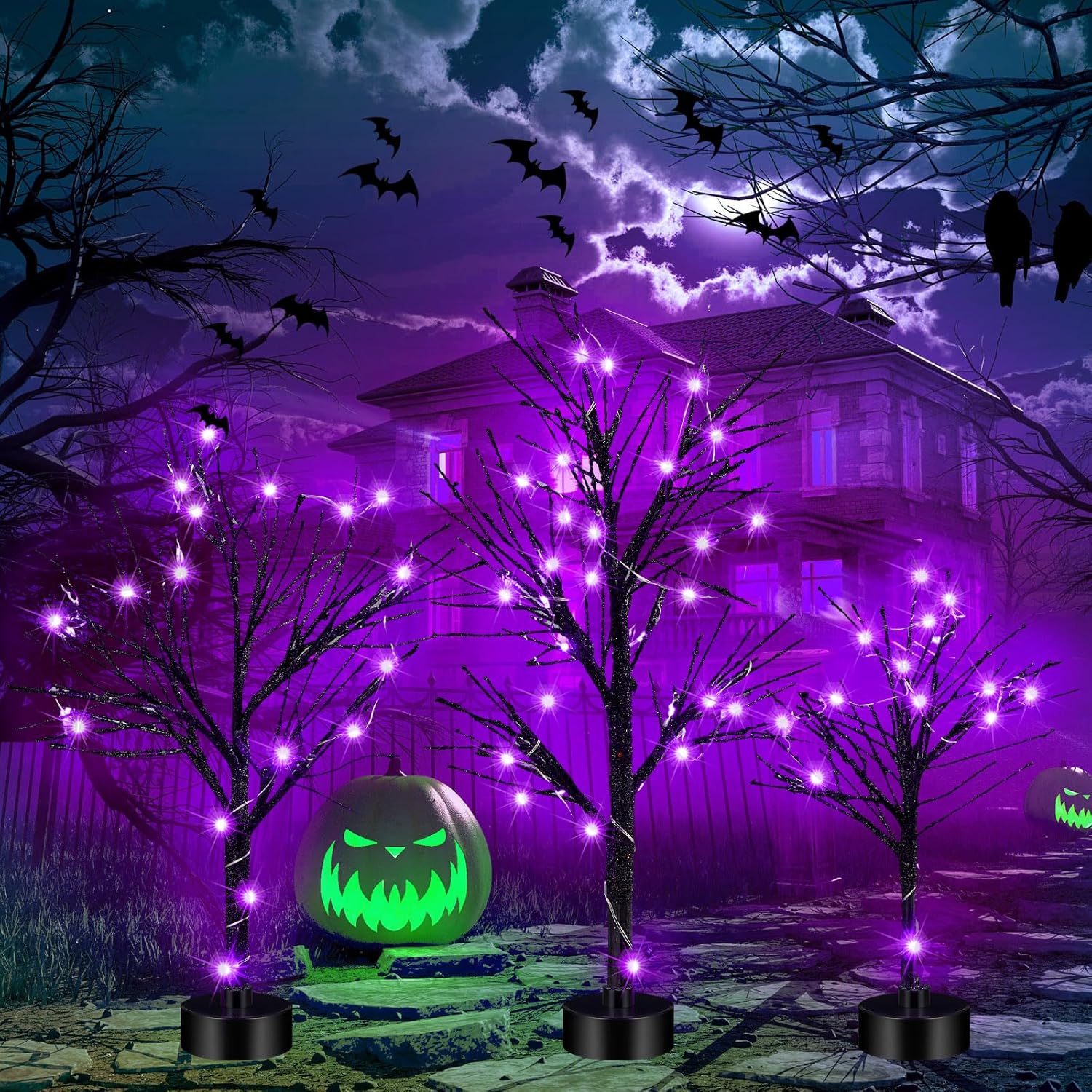 Baquler 7 piezas de árboles LED de Halloween, abedul negro para decoración de mesa, aldea artificial de Halloween con cadena de luces de Halloween,