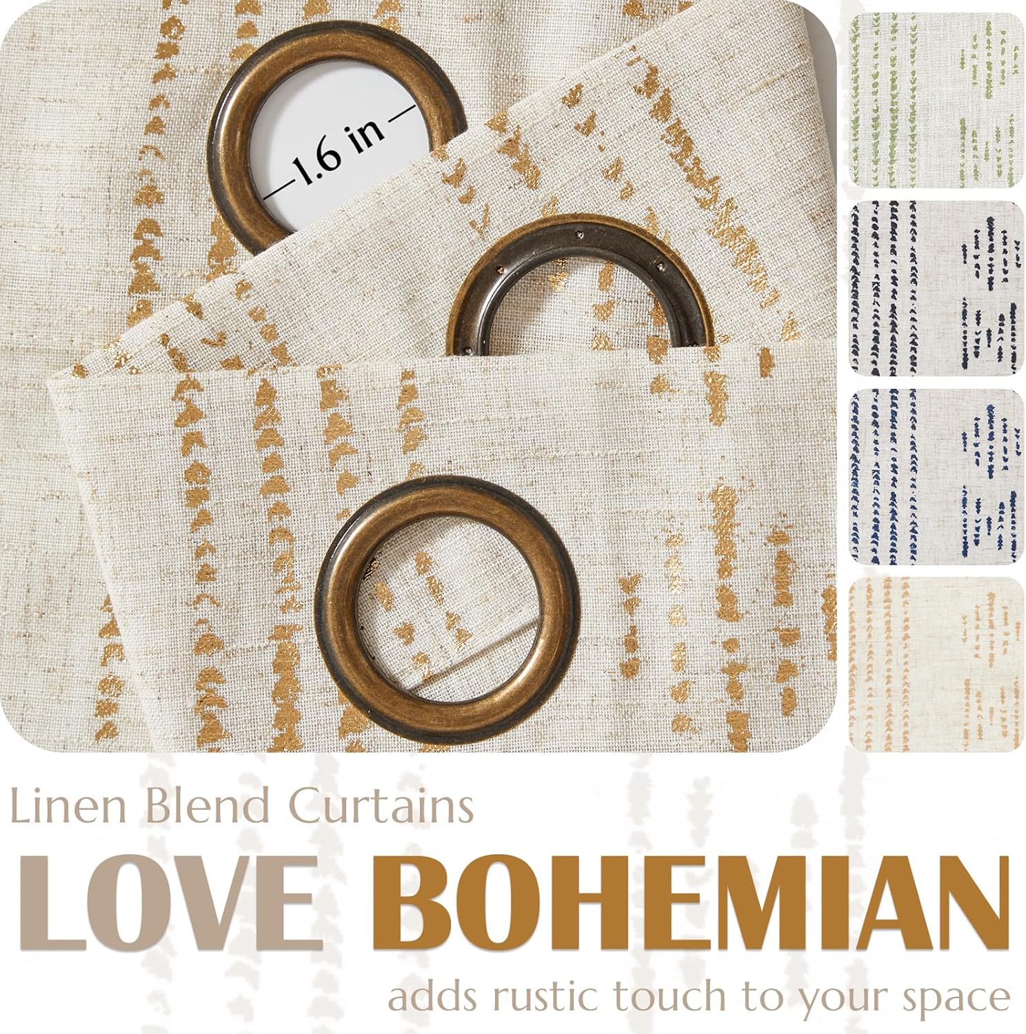 jinchan Cortinas bohemias de lino para sala de estar, cortinas con estampado de lámina dorada, 63 pulgadas de largo, 2 paneles de cortinas