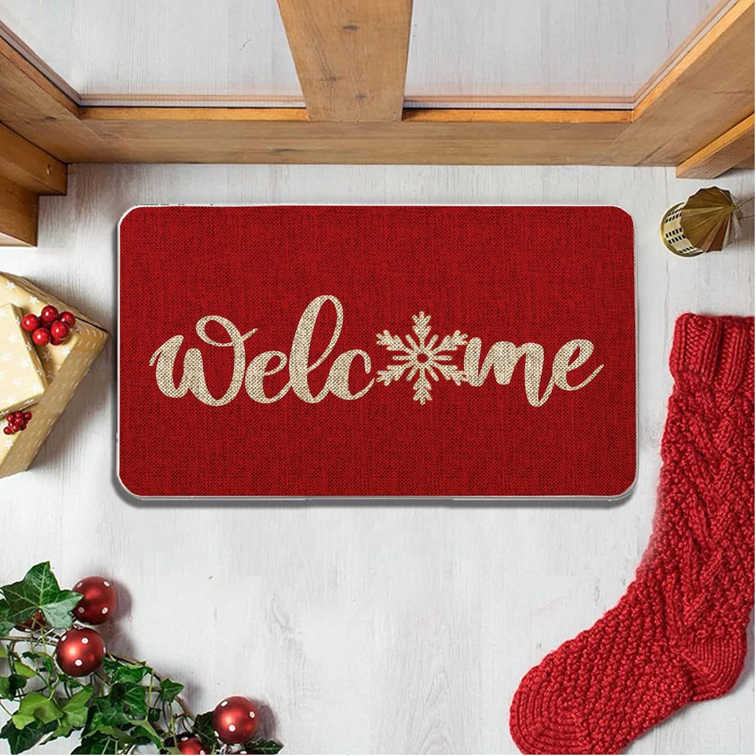 GAGEC Tapete de Navidad para exteriores, tapete rojo de bienvenida con copos de nieve, tapete de entrada para puerta de invierno, decoración de casa