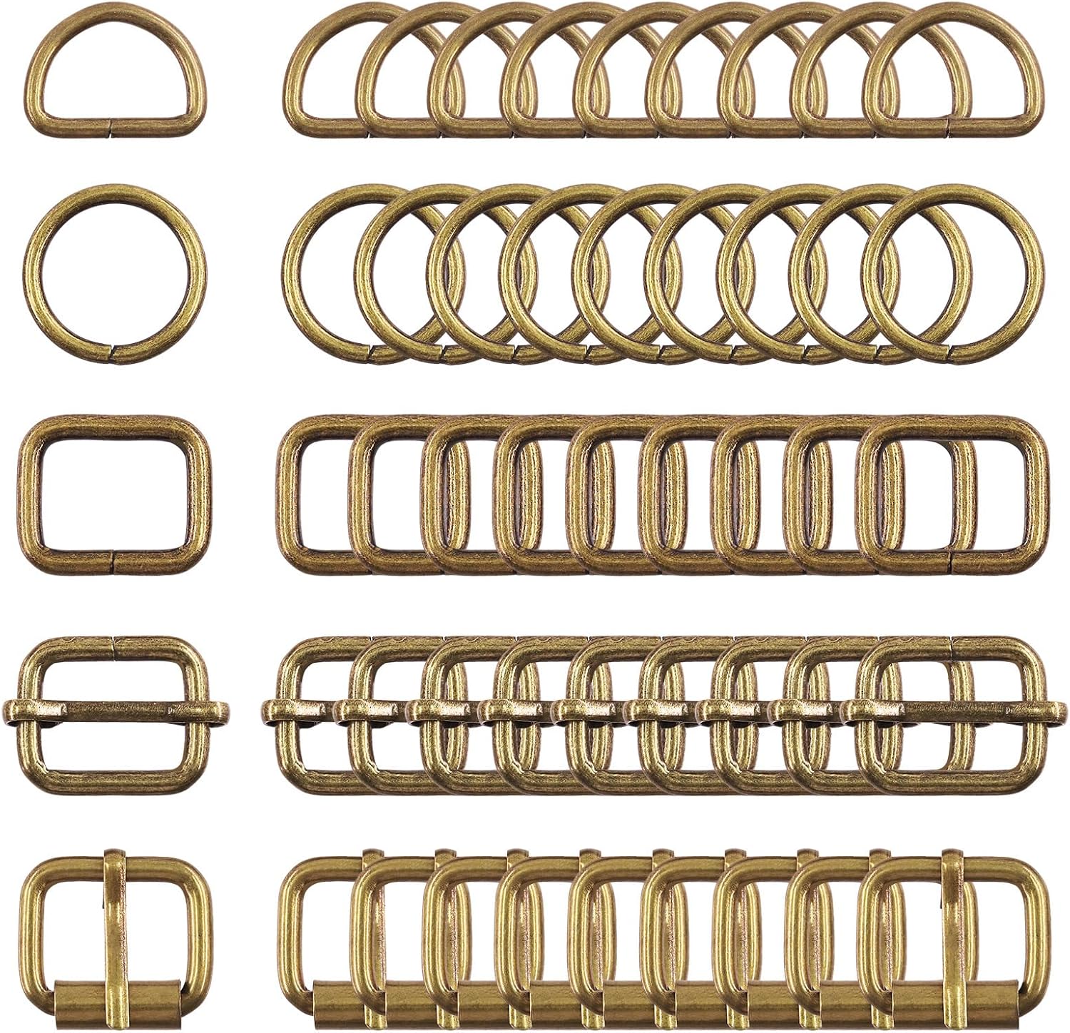 Swpeet 50 hebillas de metal de 5 estilos, hebillas de rodillo de metal, hebillas deslizantes ajustables de metal, anillo D, anillo circular, anillo
