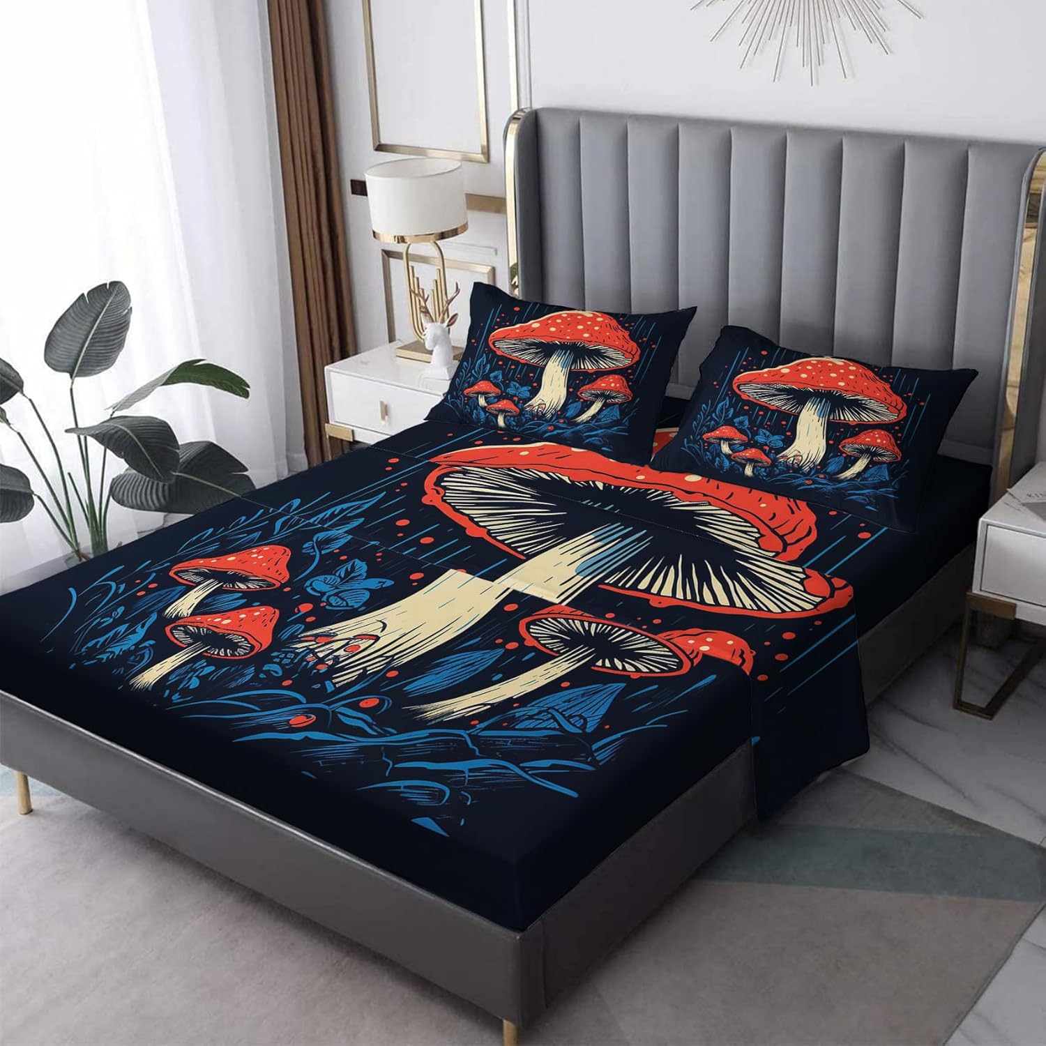 Juego de sábanas de hongos tamaño California King, sábanas de hongos, sábanas y fundas de almohada estampadas de 4 piezas, sábana bajera ajustable