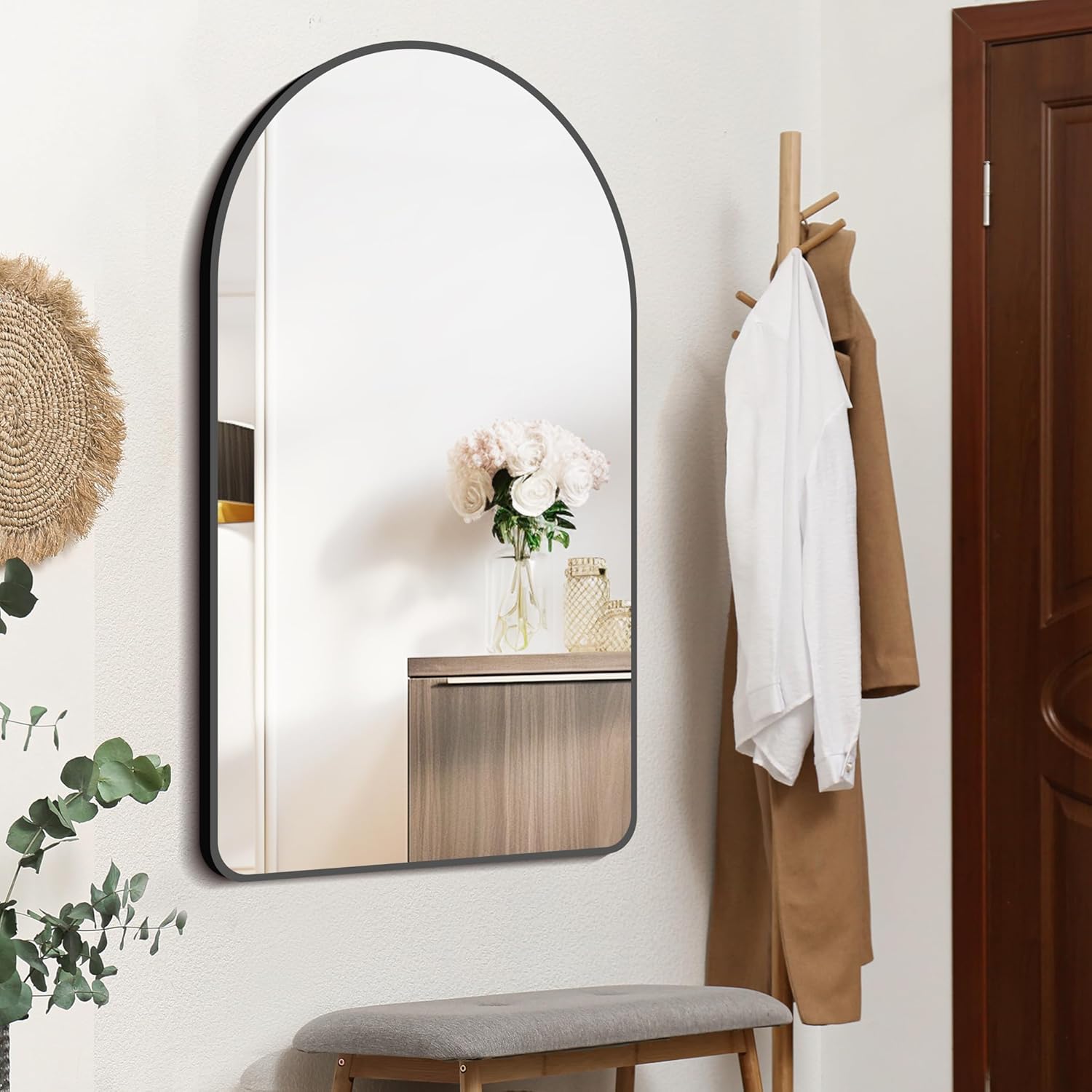 FORBATH Arched Wall Mirror, 30″x48″ Bathroom Mirror Wall Mounted Modern Black Aluminum Alloy Frame Decor Large Dresser Mirror for Bedroom Living