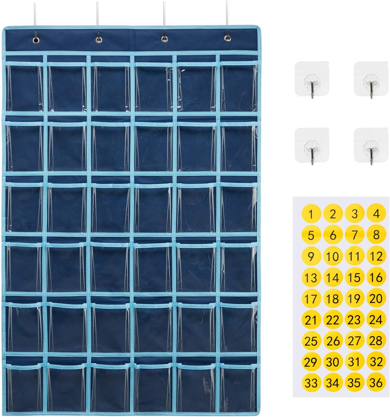 SAVERHO 36 bolsillos transparentes para el aula para teléfono celular y soporte para calculadora, bolsillo para colgar en la puerta del aula con