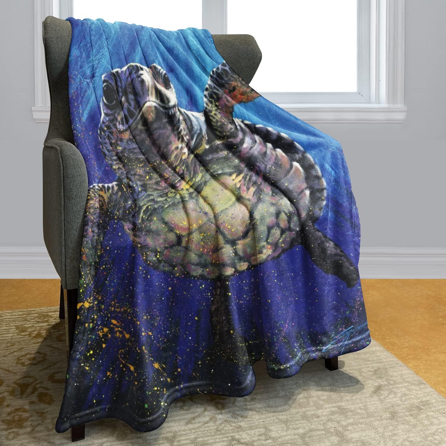 Manta de felpa suave y cálida de 60 x 80 pulgadas para sofá, tortuga marina, animal decorativo fino