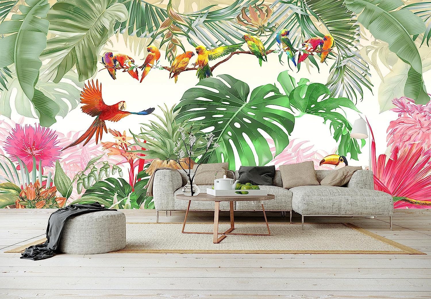 ZFBIZHI Papel tapiz tropical con hojas de plátano, Monstera y pájaro, para sala de estar, dormitorio, baño, oficina (no se pega ni se pega)