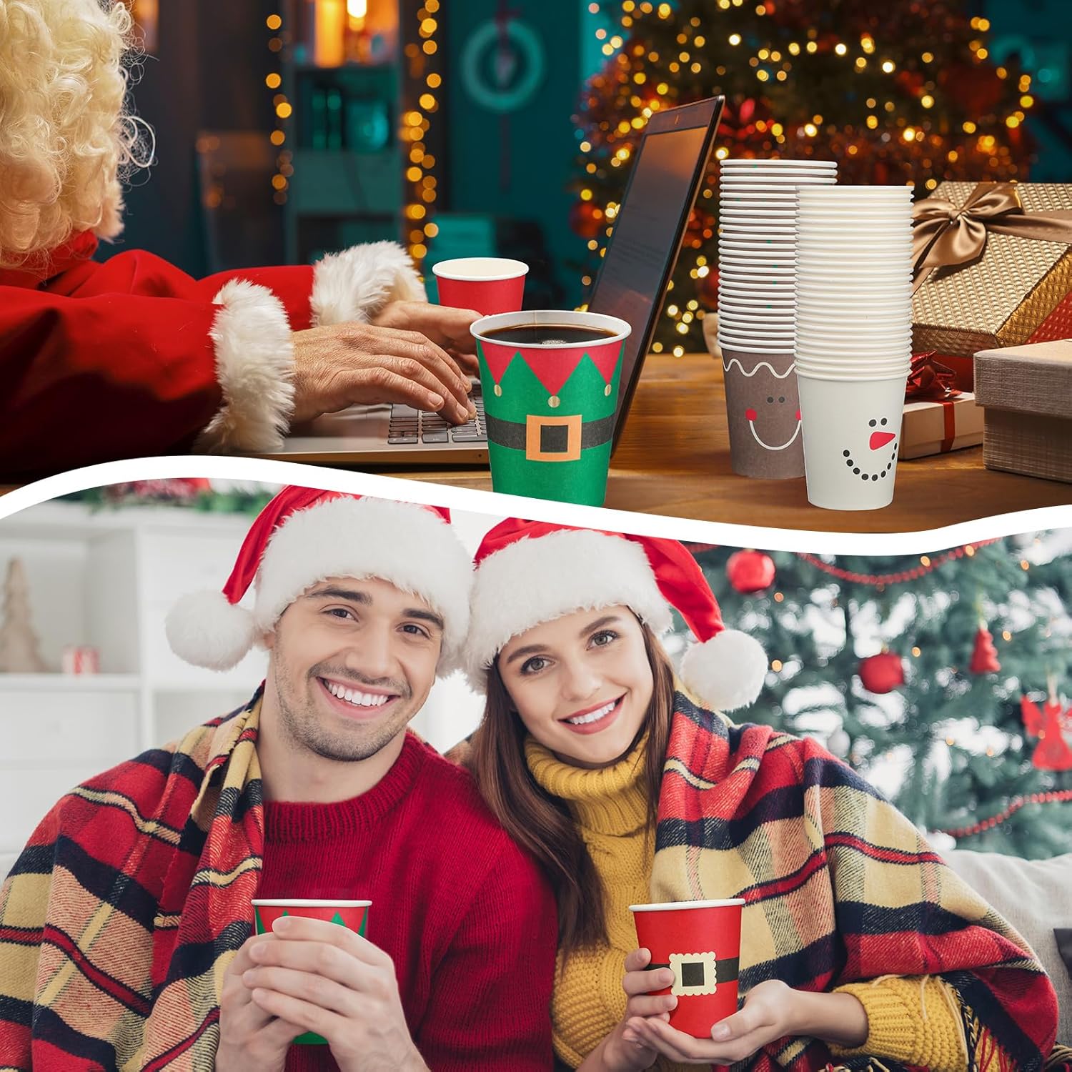 160 vasos de papel de Navidad desechables para fiestas de Navidad, 9 onzas, Papá Noel, elfo, muñeco de nieve, tazas de Navidad, tazas de papel para