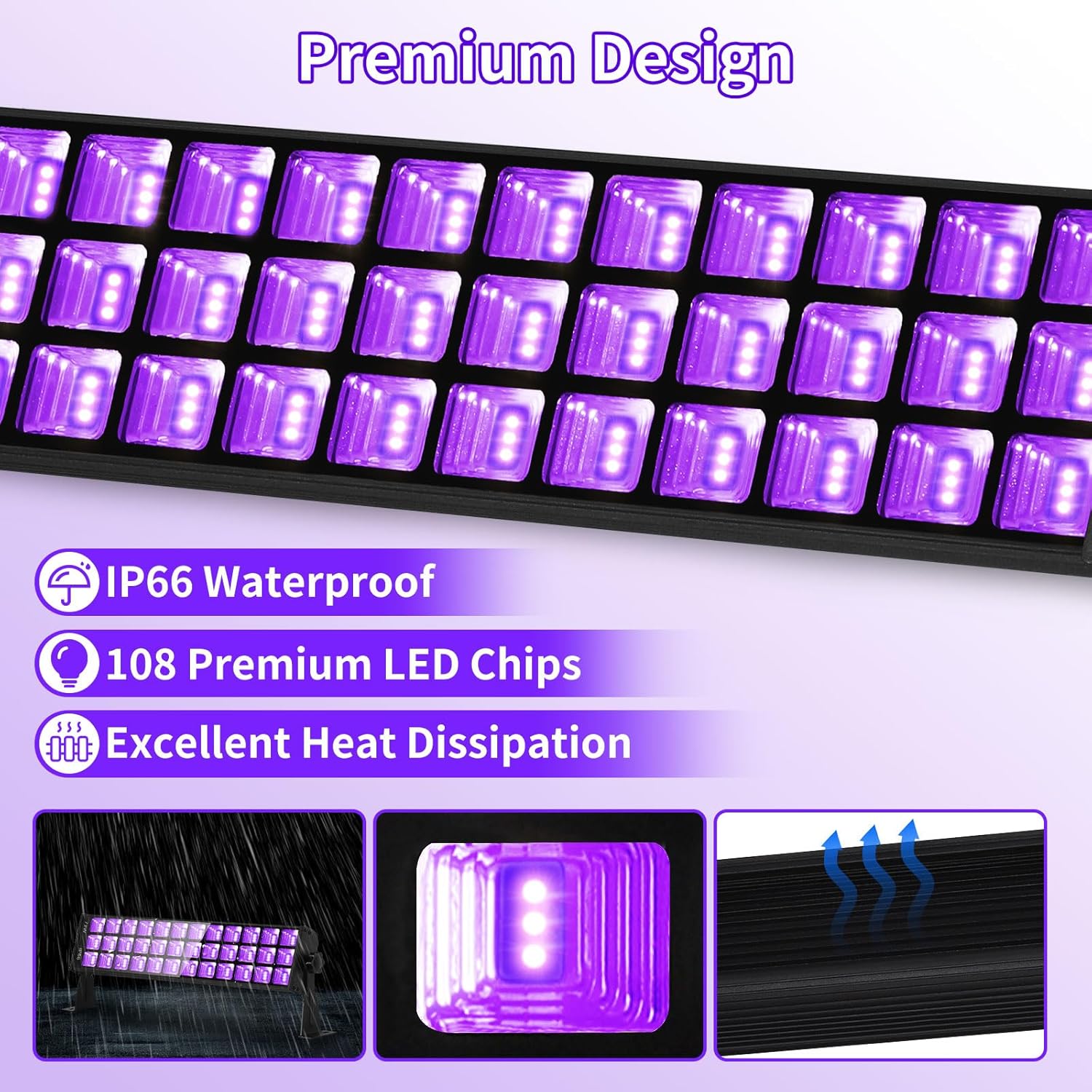 Barra de luz negra de 72 W IP66 impermeable, luz negra LED con enchufe+interruptor+cable de 5 pies, luces negras al aire libre con 108 LED, para