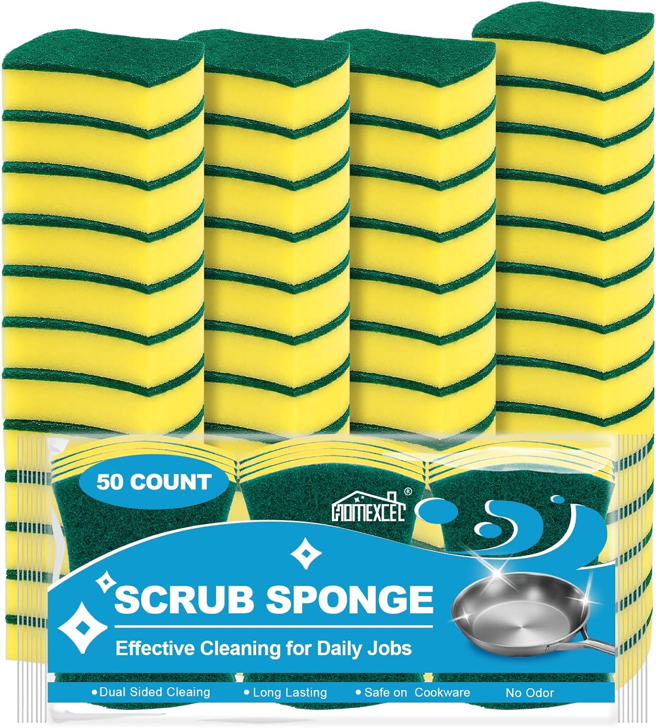 HOMEXCEL Esponjas de cocina de 50 unidades, esponja resistente para limpieza, potente esponja de doble cara para lavar platos, ollas, sartenes y
