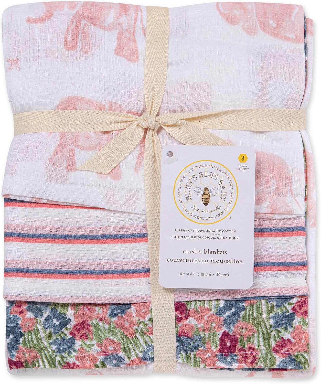 Burt’s Bees Baby Mantas para bebé, 100 % algodón de muselina orgánico, multiusos, ligeras y transpirables, elefantes en flor, paquete de 3