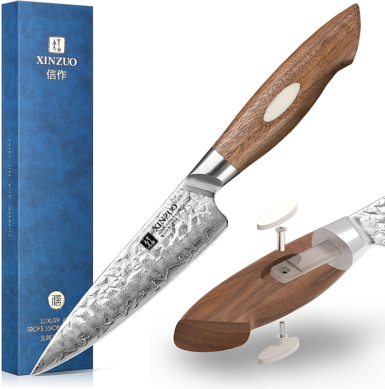 XINZUO AUS-10 Cuchillo utilitario japonés de acero de 5 pulgadas, cuchillo de pelar de acero de Damasco con superficie martillada, cuchillo de