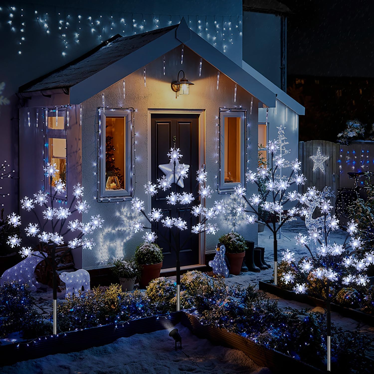 Paquete de 4 luces solares de 80 luces LED de copo de nieve de Navidad, 8 modos de luces solares de copo de nieve al aire libre, luces solares