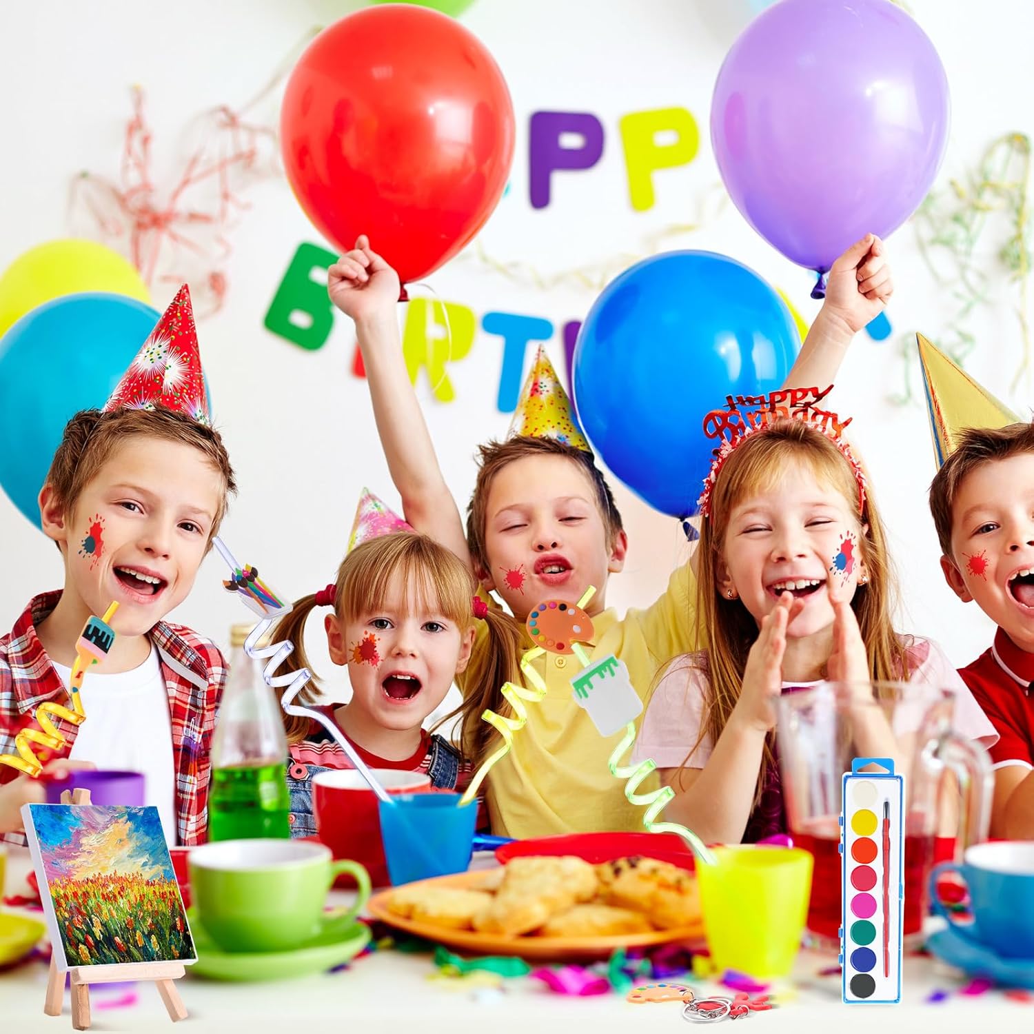 Zhanmai Pintura para fiestas de niños pequeños, pintura artística, lienzo, acuarela, pintura artística, pajitas, llavero, bolsas temporales de