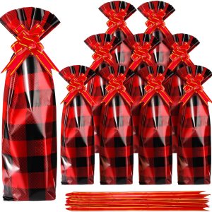 Teling 100 bolsas de regalo para botellas de vino de Navidad, bolsa de celofán, funda de bolsa de vino a cuadros de búfalo, incluye 50 bolsas de Teling 100 bolsas de regalo para botellas de vino de Navidad, bolsa de celofán, funda de bolsa de vino a cuadros de búfalo, incluye 50 bolsas de