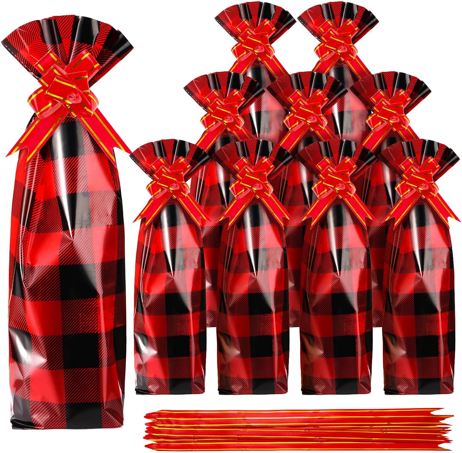 Teling 100 bolsas de regalo para botellas de vino de Navidad, bolsa de celofán, funda de bolsa de vino a cuadros de búfalo, incluye 50 bolsas de