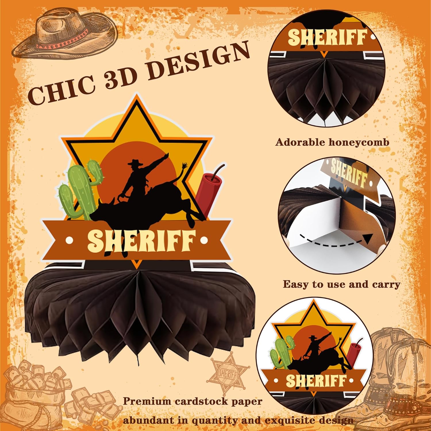 Yoqipati 10 Pieces Western Cowboy Honeycomb Centerpieces Wild West Party Decoration 3D Table Toppers Double Sided Stand Cards for Western Theme
