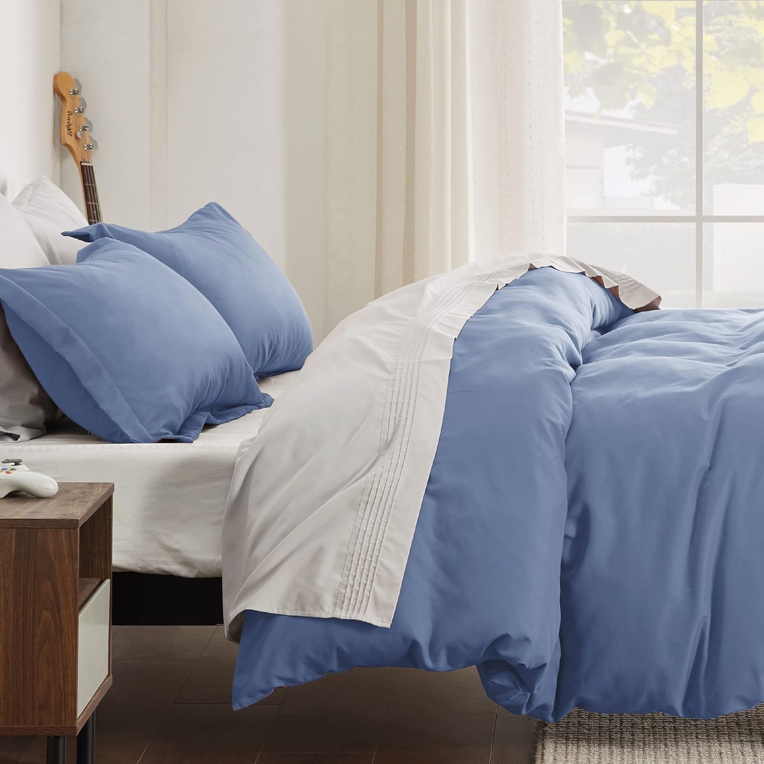 Bedsure Funda de edredón azul pizarra, tamaño Queen, de suave microfibra cepillada, para niños, con cremallera, 3 piezas 1 funda de edredón (90 x 90