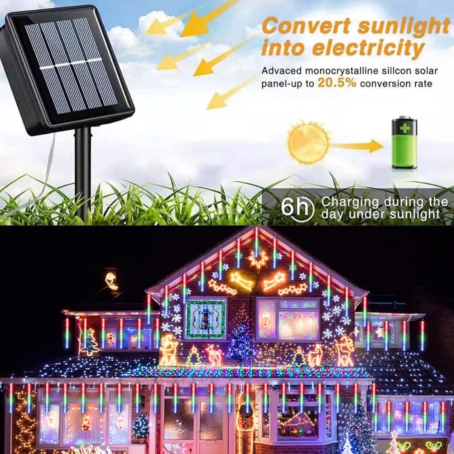 WAKAKA Paquete de 2 luces solares de lluvia de meteoritos para exteriores, luces solares multicolor para exteriores, 11.8 pulgadas, 16 tubos, 288