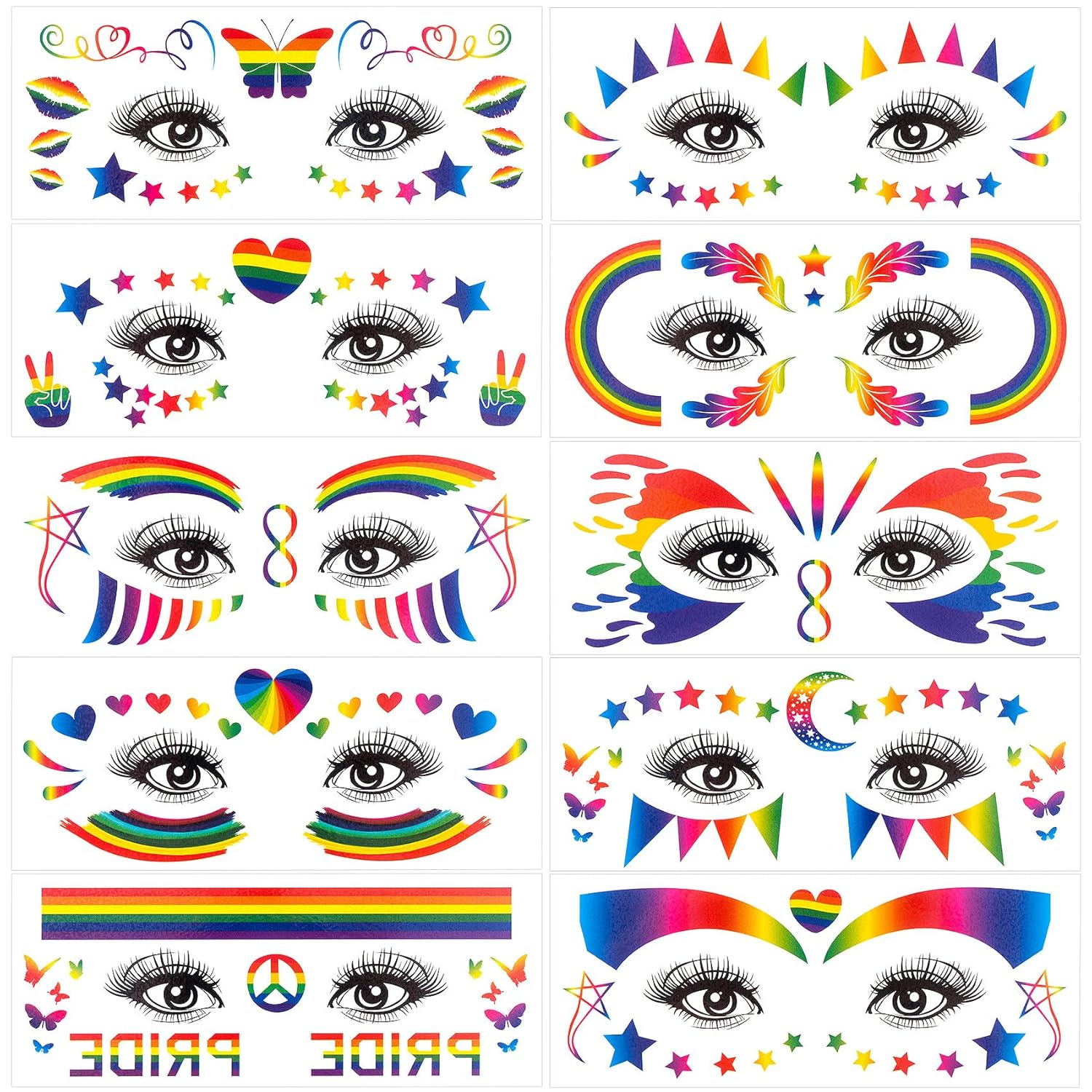20 hojas (340 piezas) tatuaje temporal de cara de arco iris para maquillaje, impermeable, estrella, mariposa, corazón, bandera, tatuaje, ojos,