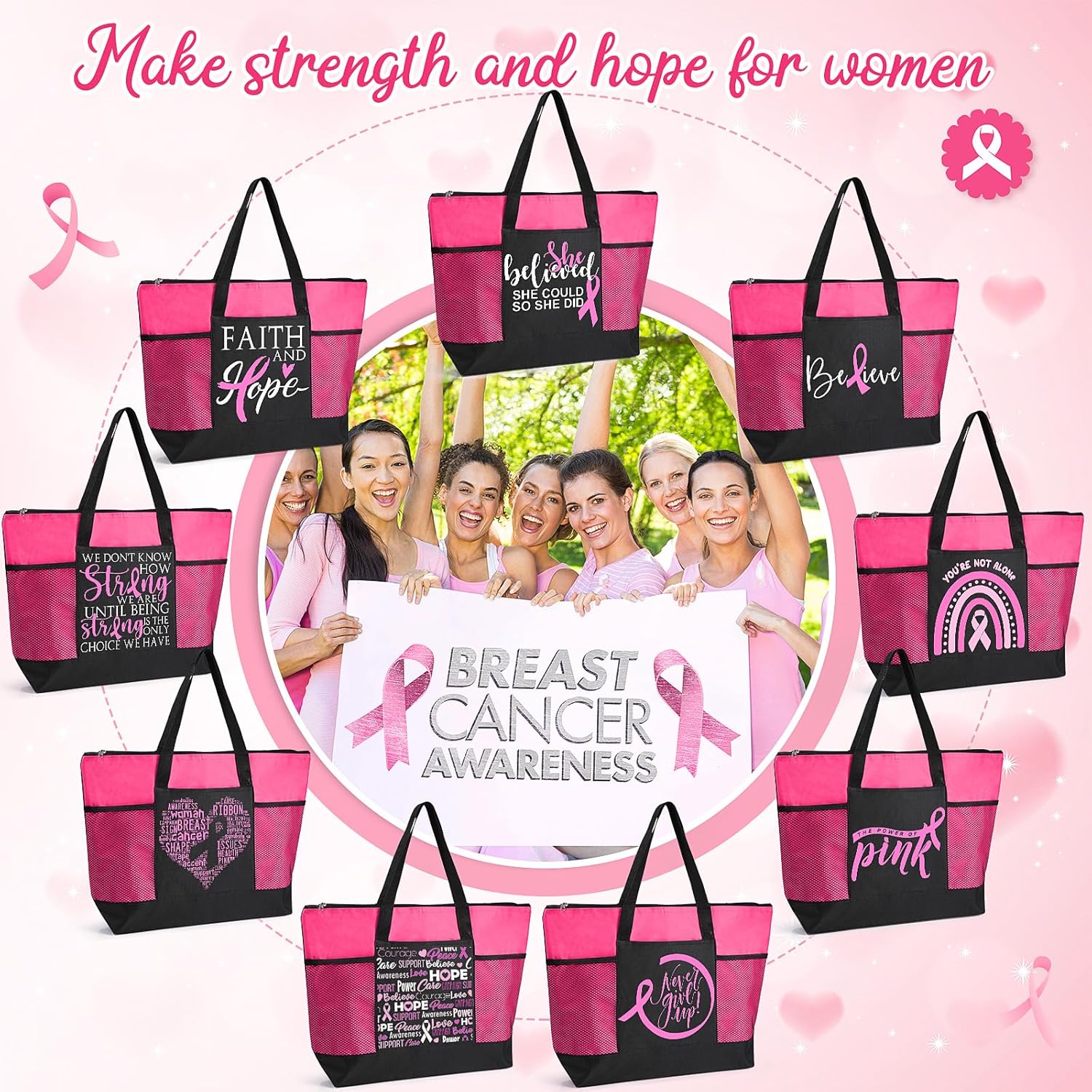 Set de regalo de concientización sobre el cáncer de mama para mujeres, bolsas de mano con letrero de cinta rosa