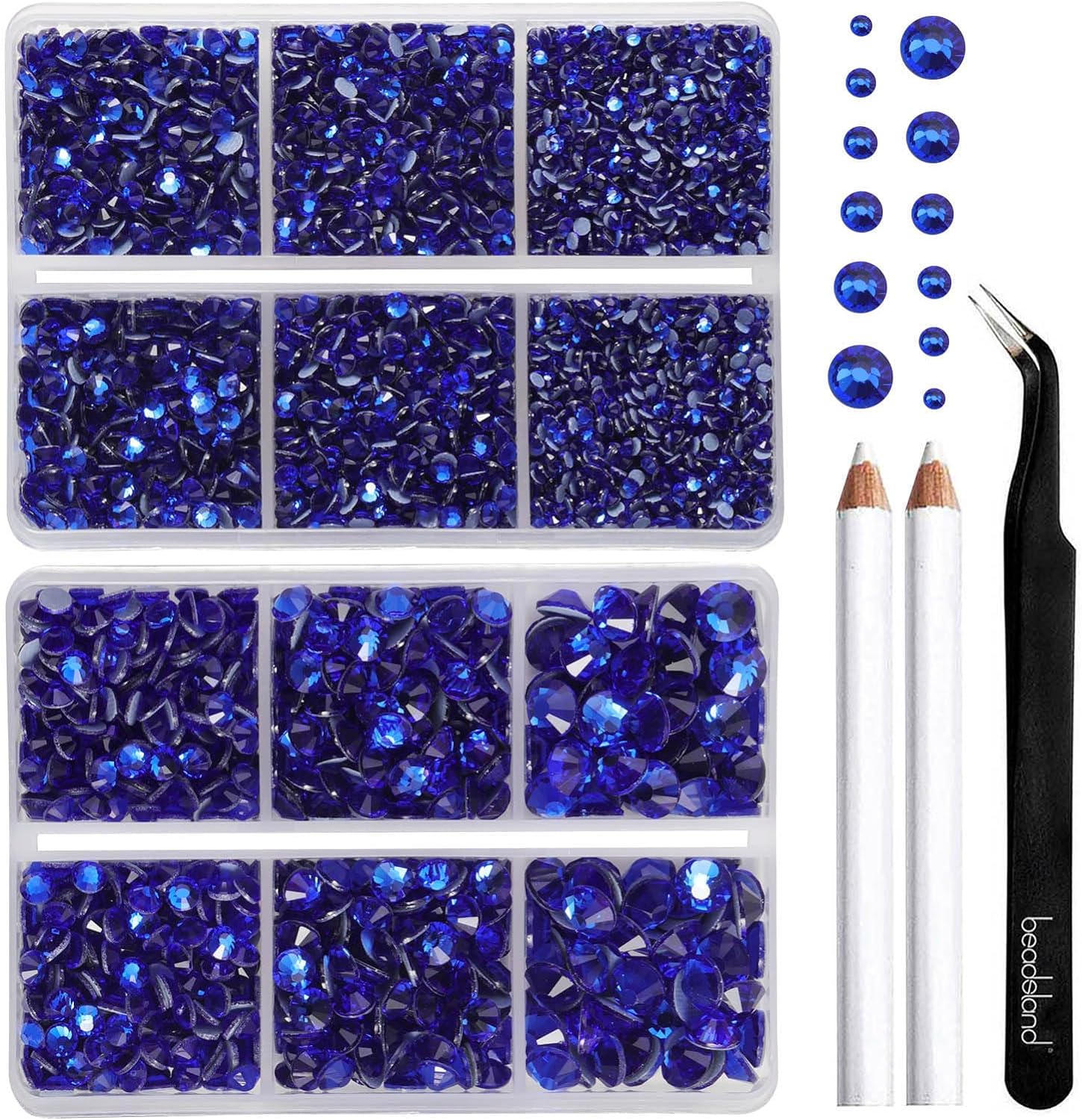BEADSLAND Hotfix – 6080 diamantes de imitación azul oscuro para ropa y manualidades, mezclados en 6 tamaños con kit de lápiz de cera y pinzas,