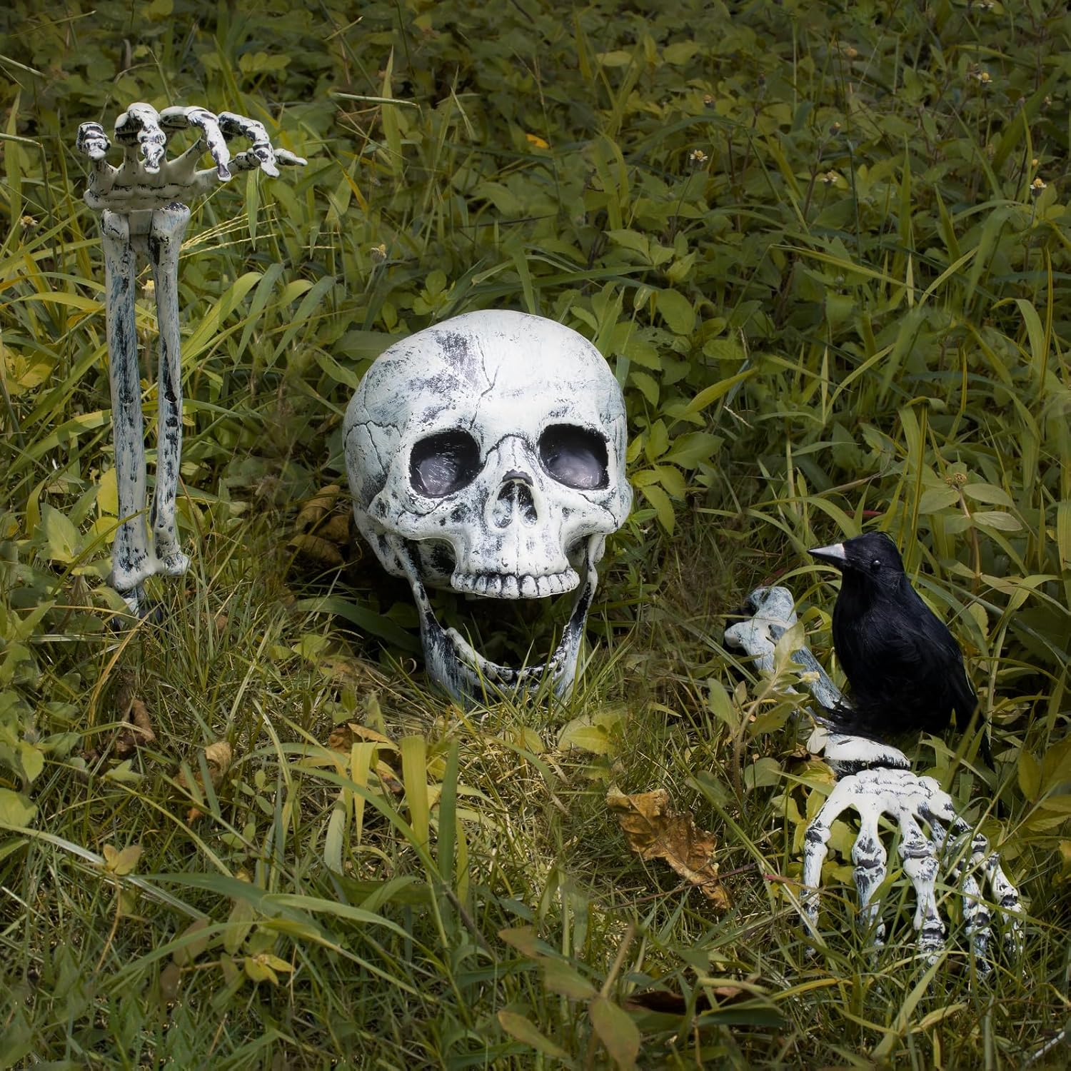 BAYSING Decoraciones de Halloween al aire libre, estacas de esqueleto, cabeza de calavera aterradora realista y brazos con cuervo para patio,