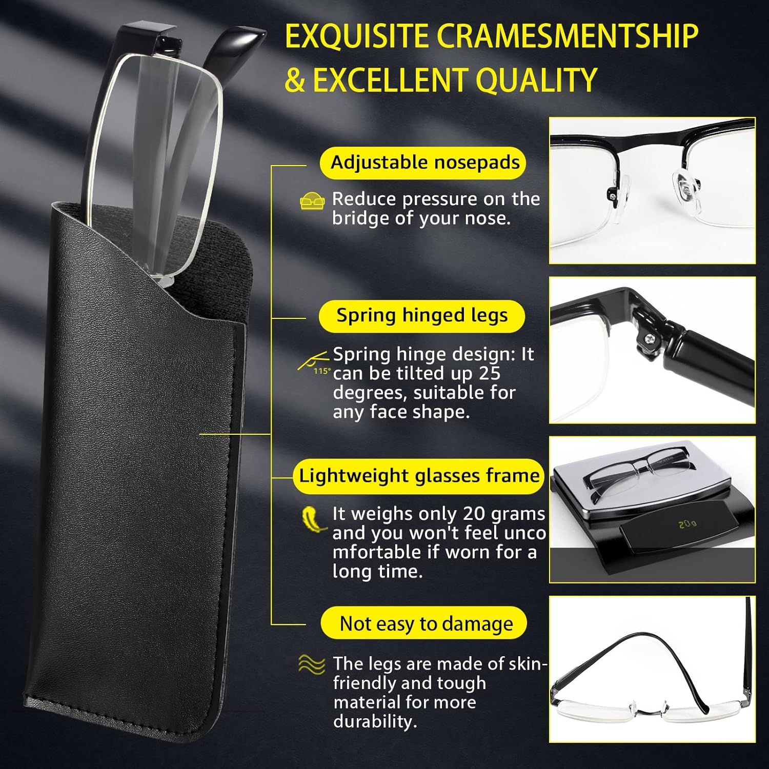 BLS BLUES Paquete de 5 fundas para lentes para hombre y lentes de lectura con luz azul, fundas suaves 3.25X
