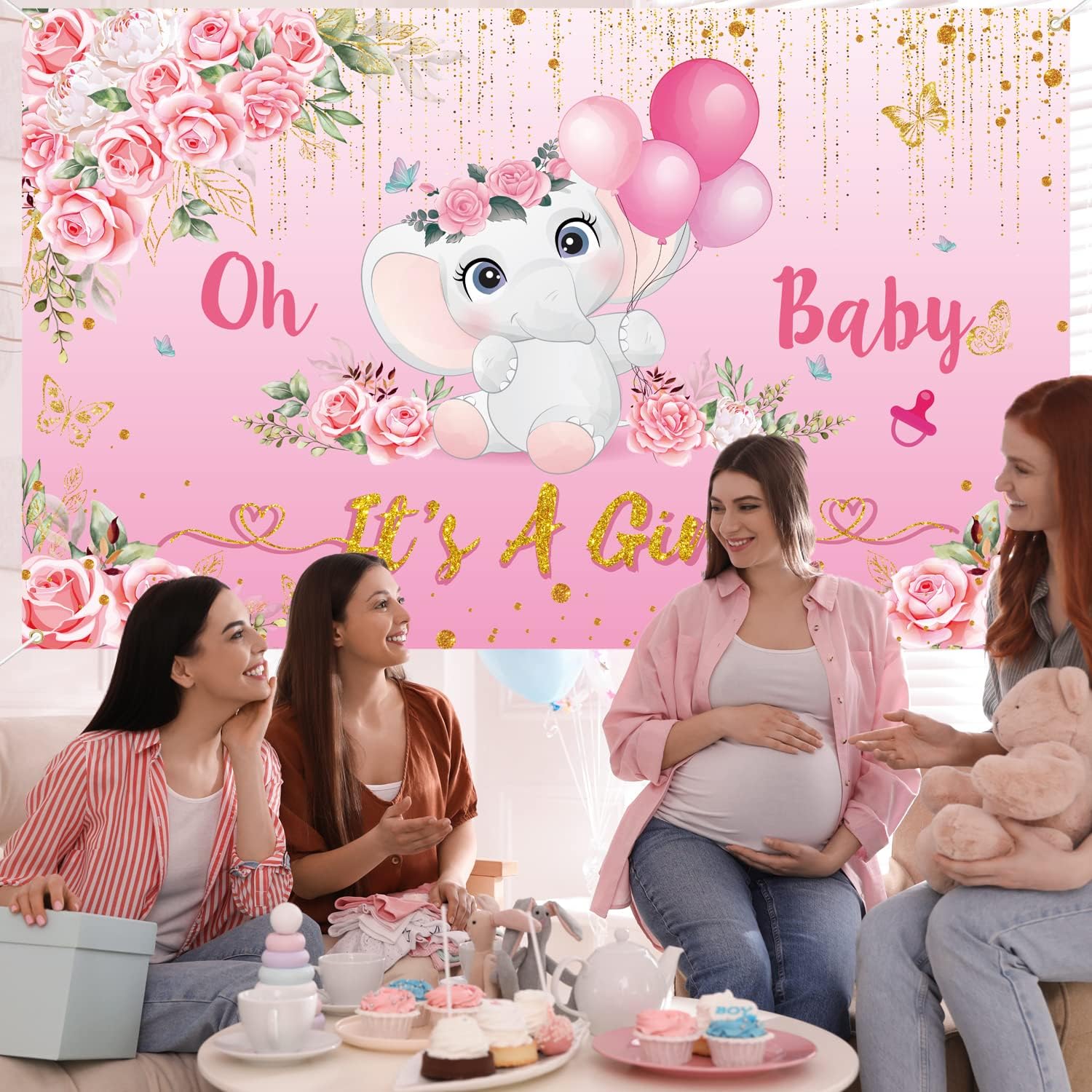 Cartel de fondo de baby shower para niña, decoraciones de baby shower para niña, pancarta de “It’s A Girl”, decoraciones de elefante para baby