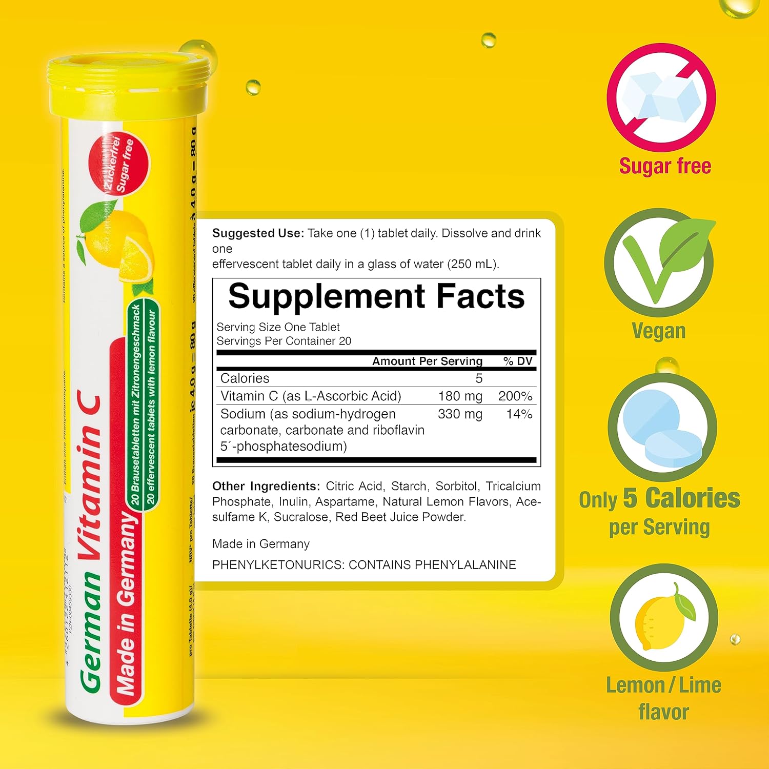T&D Vitamina C alemana de 180 mg  40 tabletas efervescentes de bebida vegana  Sabor limón y lima  Hecho en Alemania