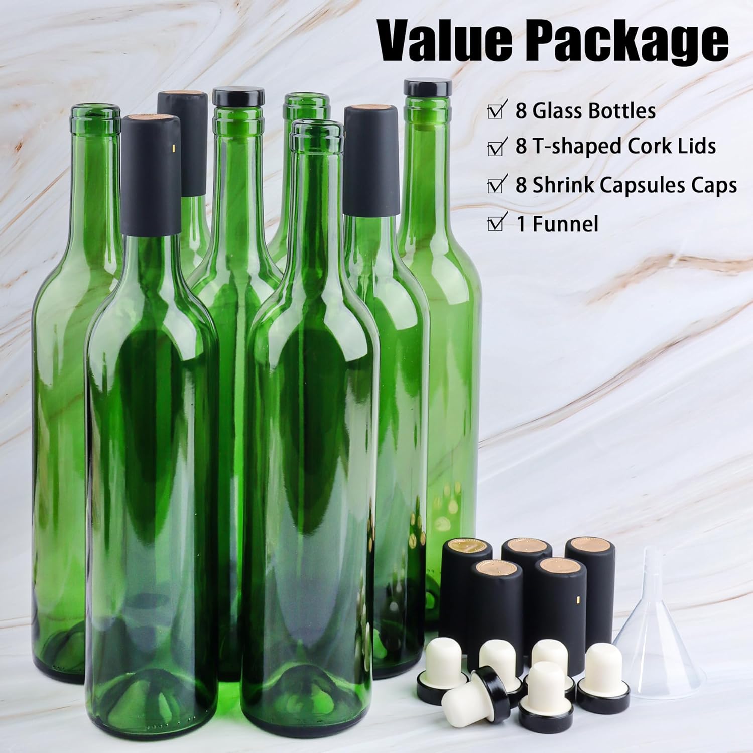 Paquete de 8 botellas de vino de vidrio de 25.4 fl oz, botellas de vidrio verde de 25 onzas con tapas de corcho y cápsulas retráctiles de PVC,