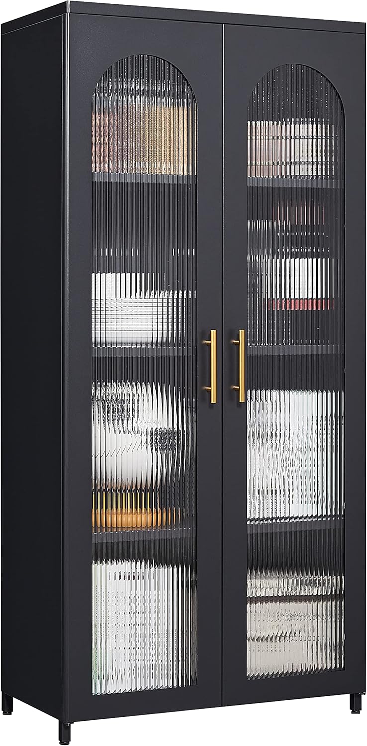 Armario de almacenamiento de metal de 59 pulgadas con puertas de cristal, vitrina de cristal para sala de estar, comedor y cocina, aparador