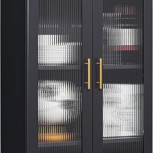 Armario de almacenamiento de metal de 59 pulgadas con puertas de cristal, vitrina de cristal para sala de estar, comedor y cocina, aparador Armario de almacenamiento de metal de 59 pulgadas con puertas de cristal, vitrina de cristal para sala de estar, comedor y cocina, aparador