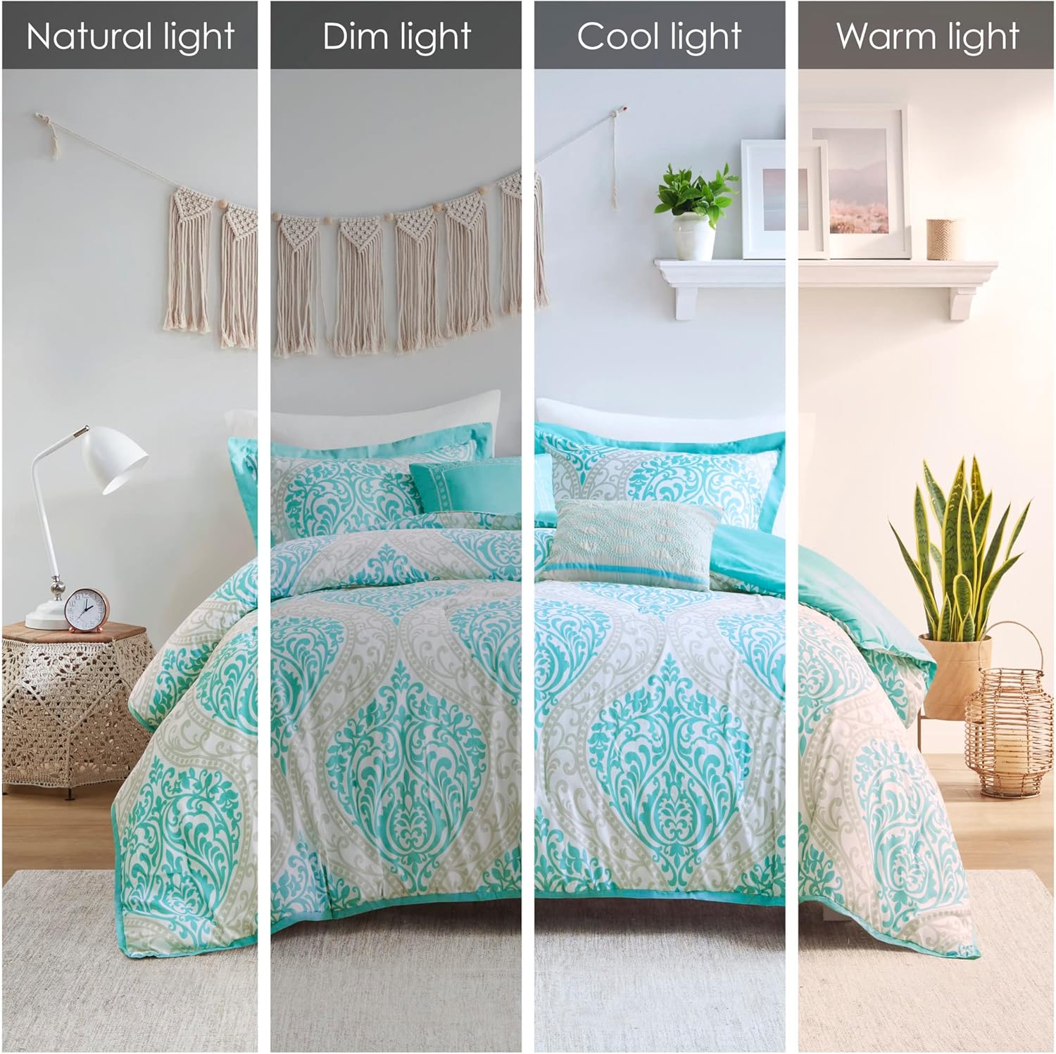 Intelligent Design Senna – Juego de edredón tamaño individualindividual XL, color azul aguamarinagris, damasco, juegos de cama de 4 piezas, ropa de