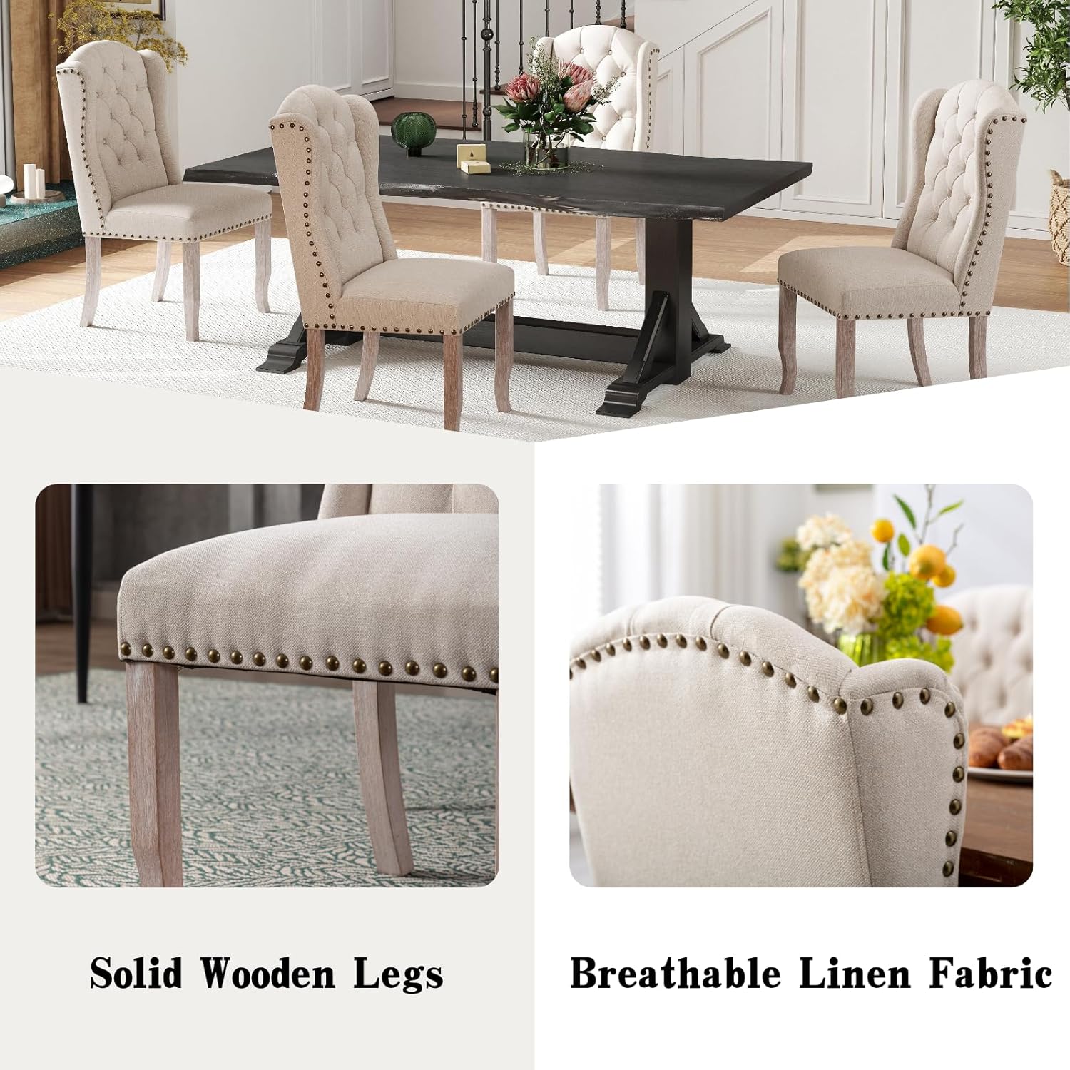 Juego de 2 sillas de comedor clásicas tapizadas de lino con respaldo alto y patas de madera, cómodas sillas laterales sin brazos para cocina,