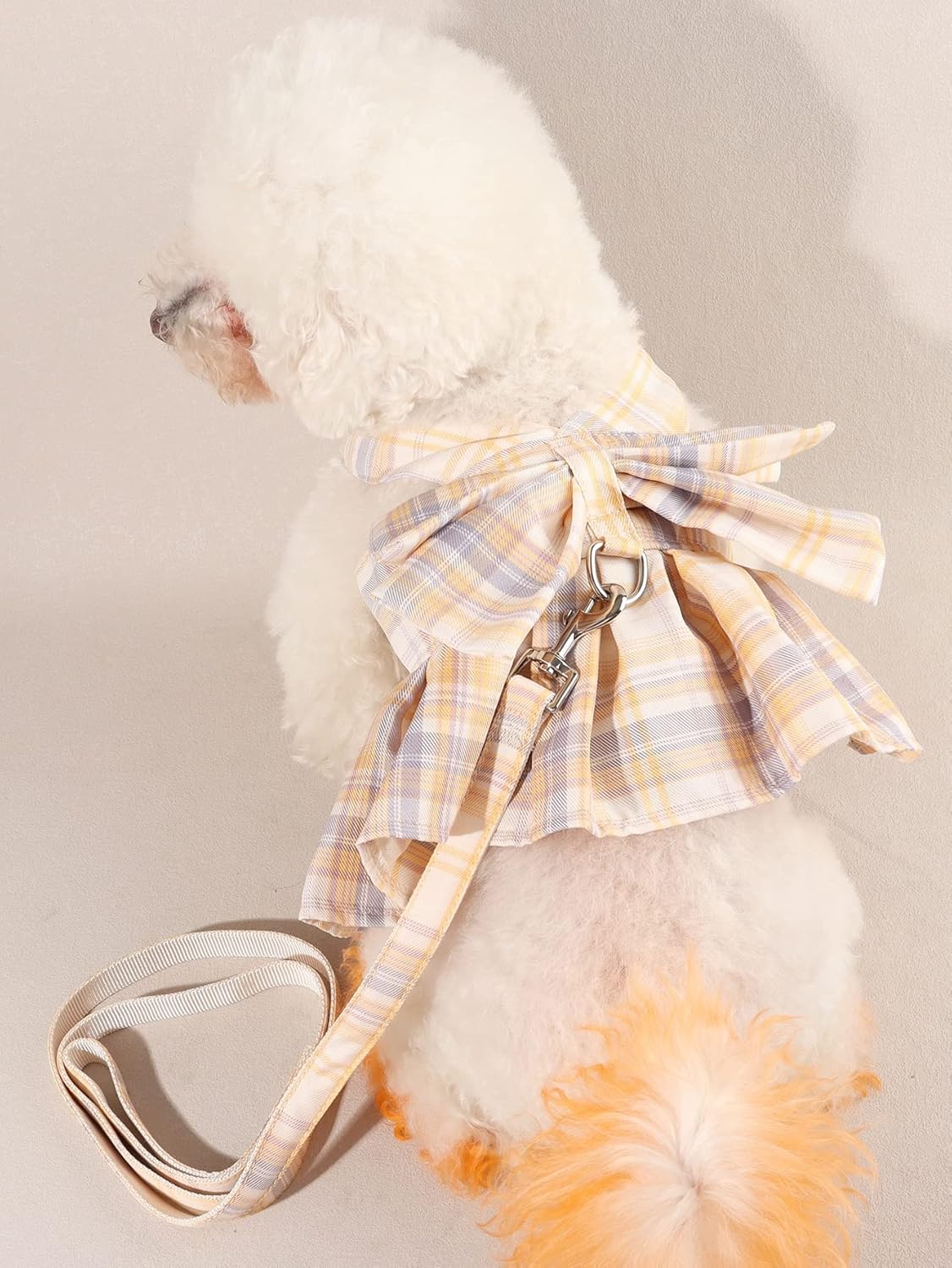 QWINEE Juego de 2 piezas de arnés y correa para perro, estampado a cuadros, decoración de lazo, vestido de princesa para cachorro, gato, vestido de