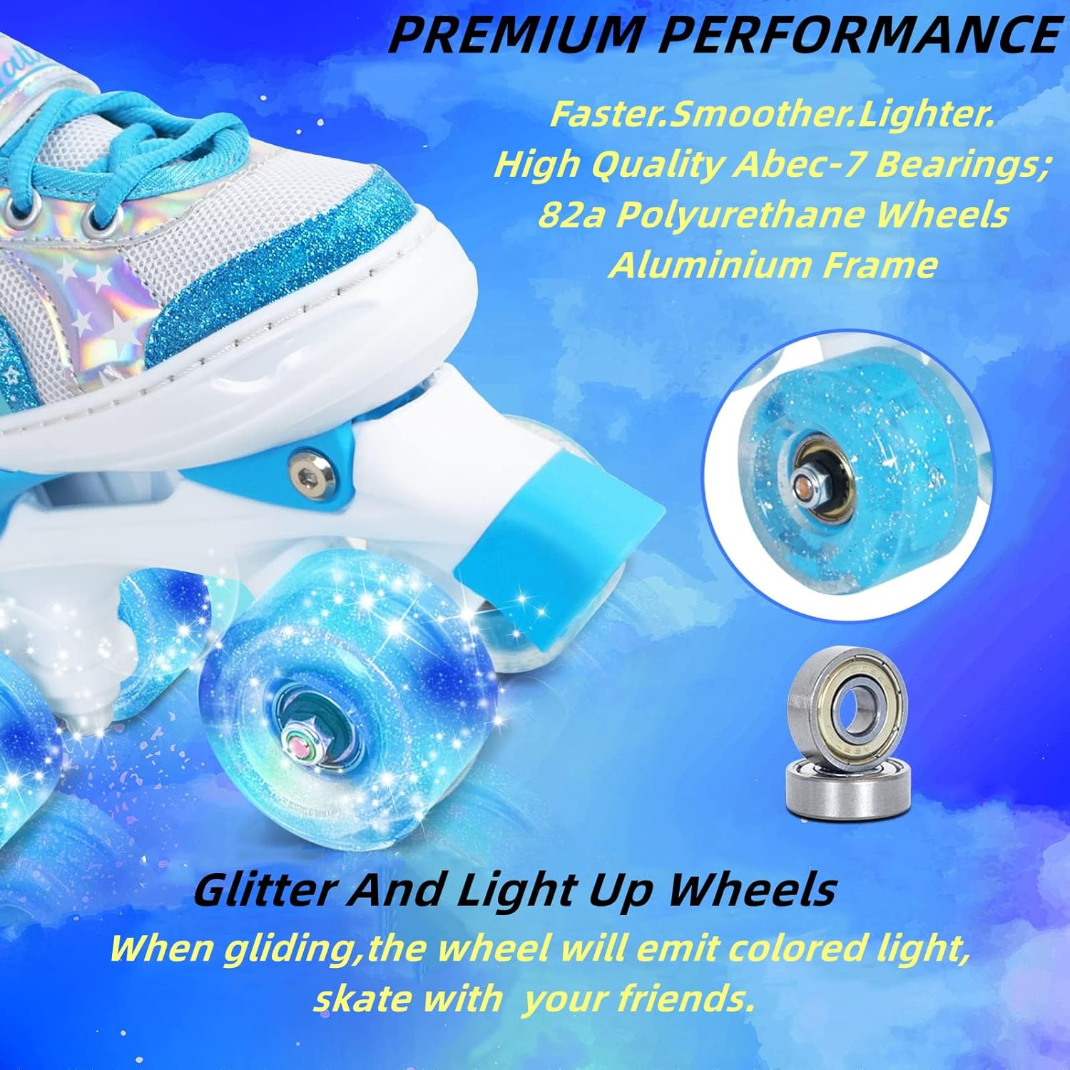 Nattork Girls Roller Skates for Kids Toddler, 4 Sizes Adjustable Rainbow Quad Skates with Light up Wheels,Best Gift for Kids Beginners